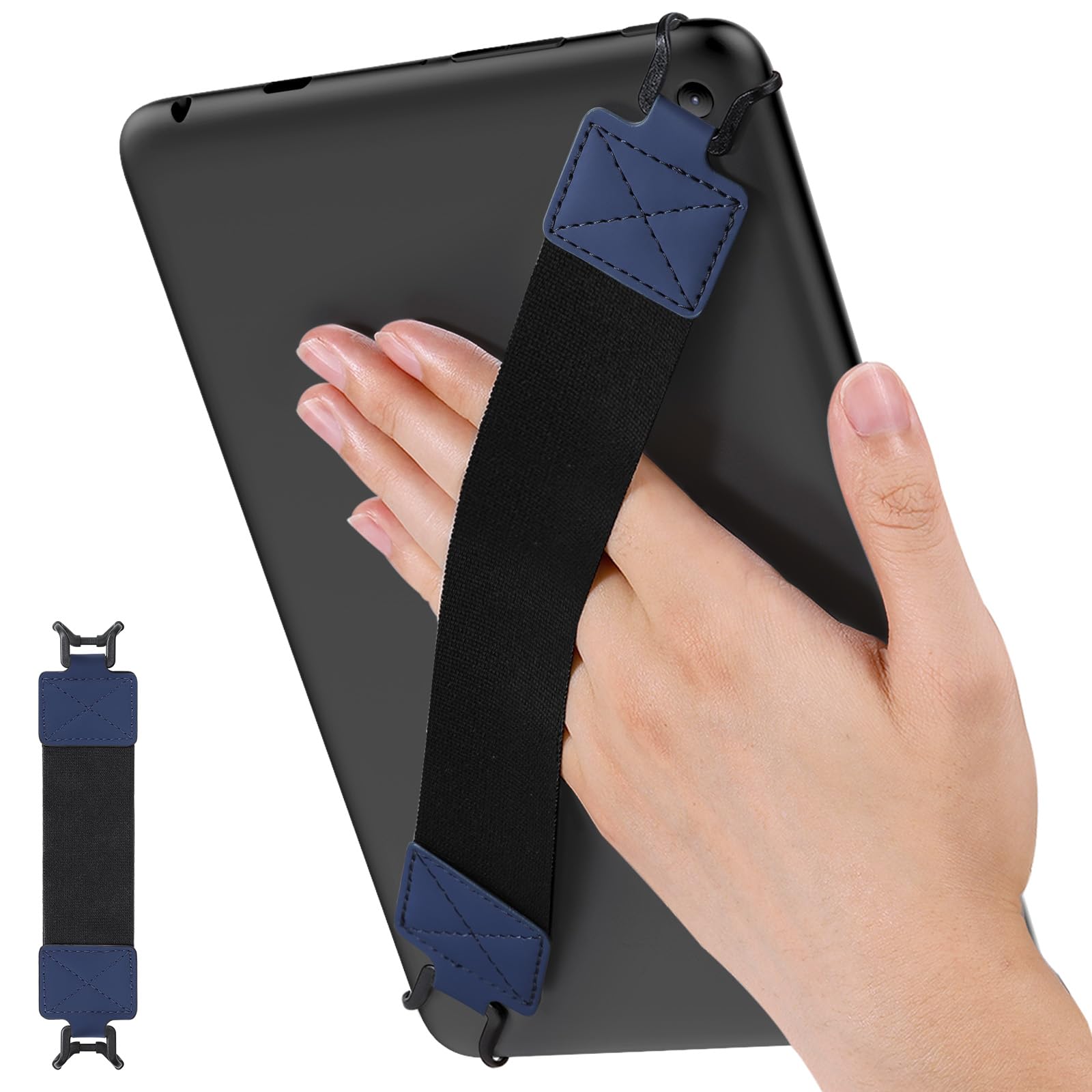 MoKo Security Hand Strap for 9 11 Inch Tablet, iPad/iPad Pro/iPad Air/Kindle Fire HD/Samsung, High Elasticity Versatile Hand Strap Lightweight Finger Grip Holder, Black Belt, Indigo