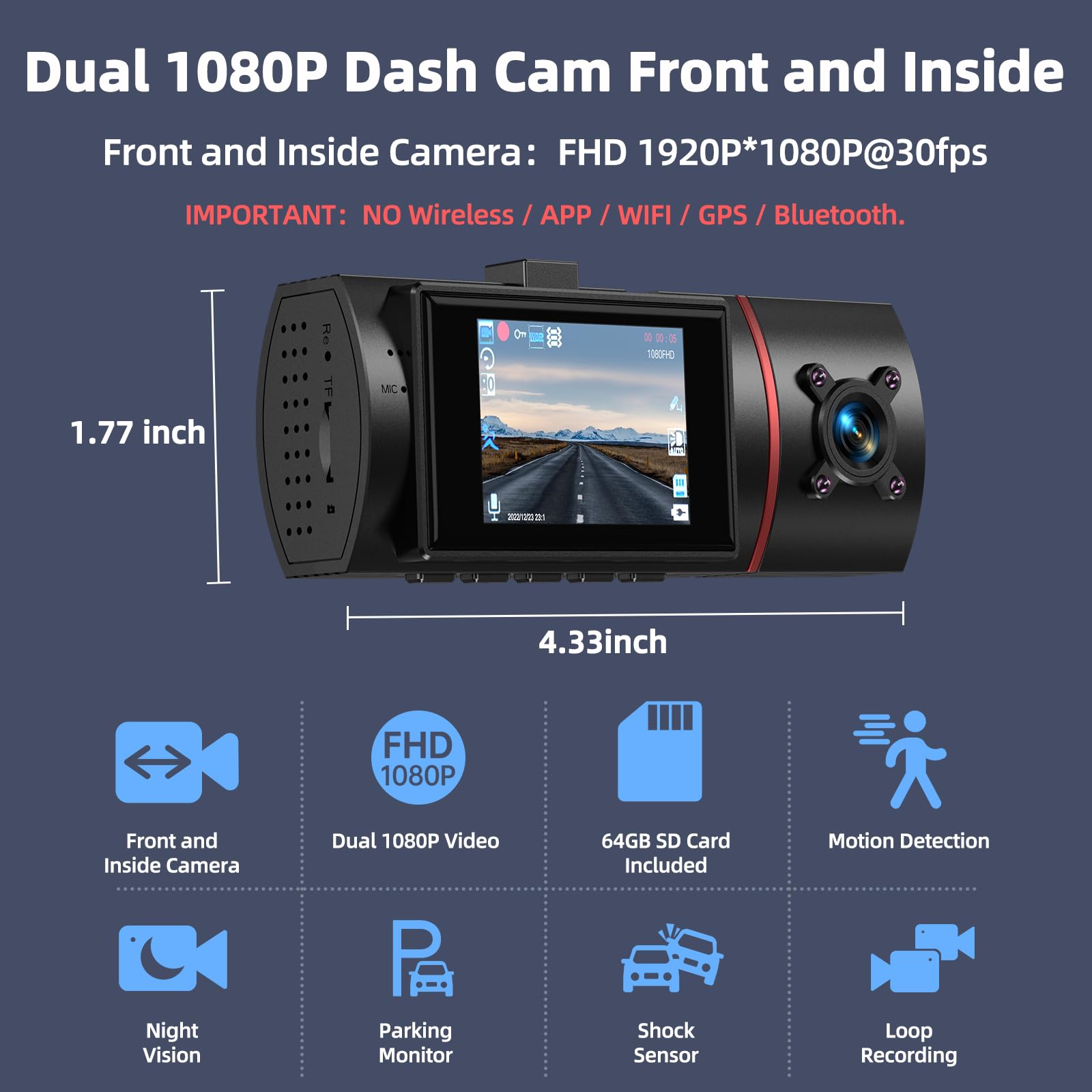 Dual Dash Cam Front And Inside With 64Gb Card,Milerong X25 1080P Dash Camera For Cars With Infrared Night Vision,Loop Recording,