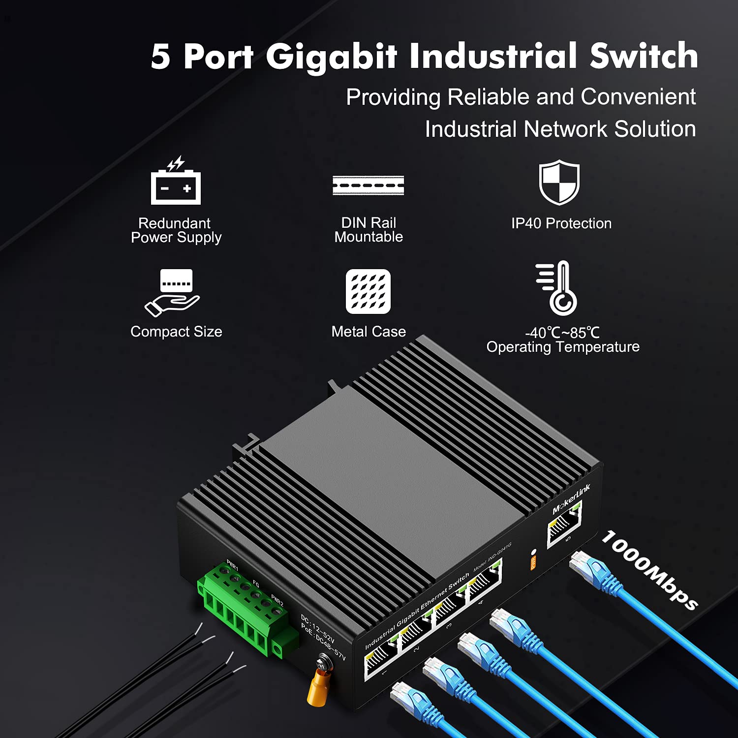 Mokerlink 5 Port Gigabit Industrial Din Rail Ethernet Switch, 14Gbps Switching Capacity, Ip40 Rated Network Switch ( 40 To 185F)