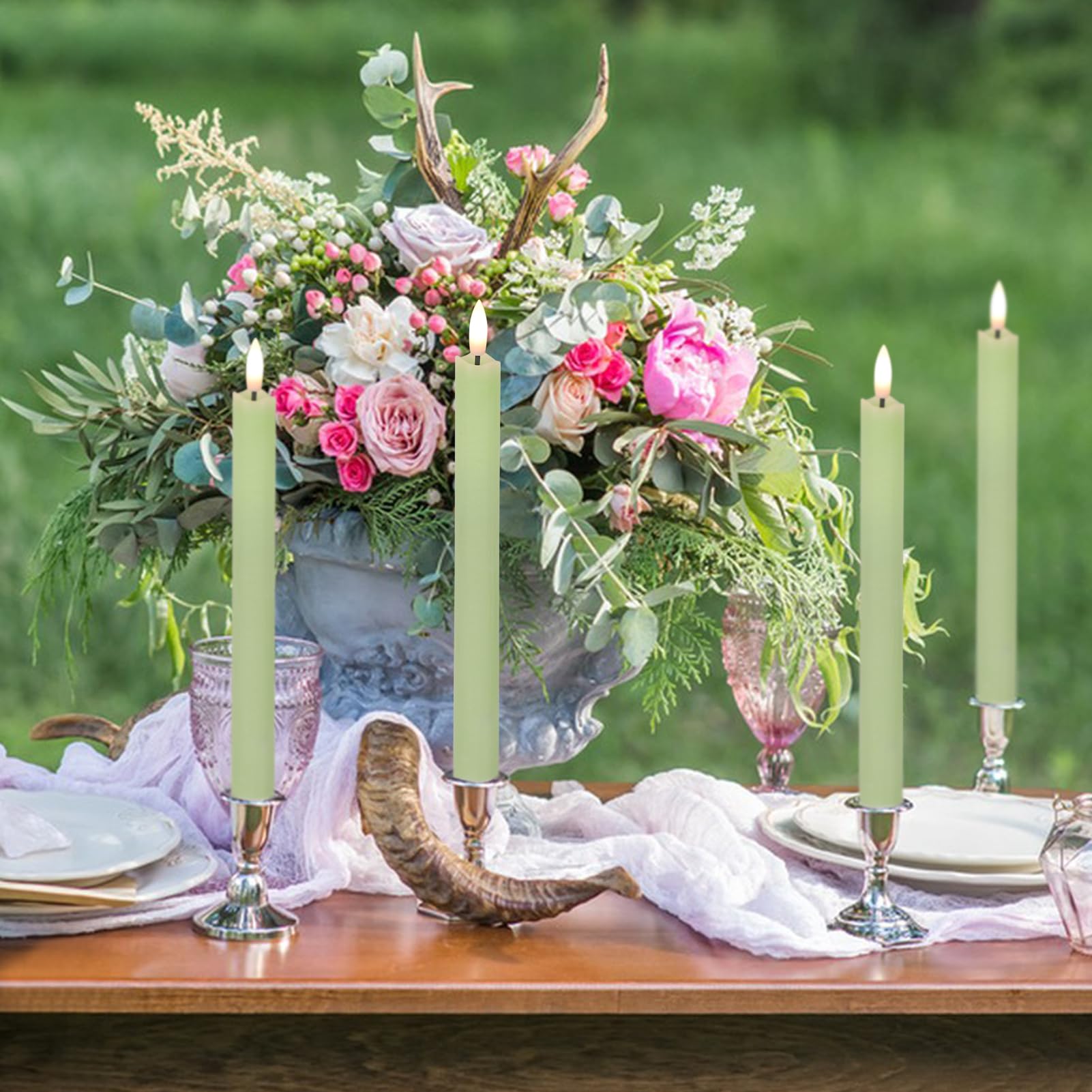 Genswin Flameless Green Taper Candles Flickering With 10 Key Remote, Battery Operated Led Warm 3D Wick Light Window Candles Real