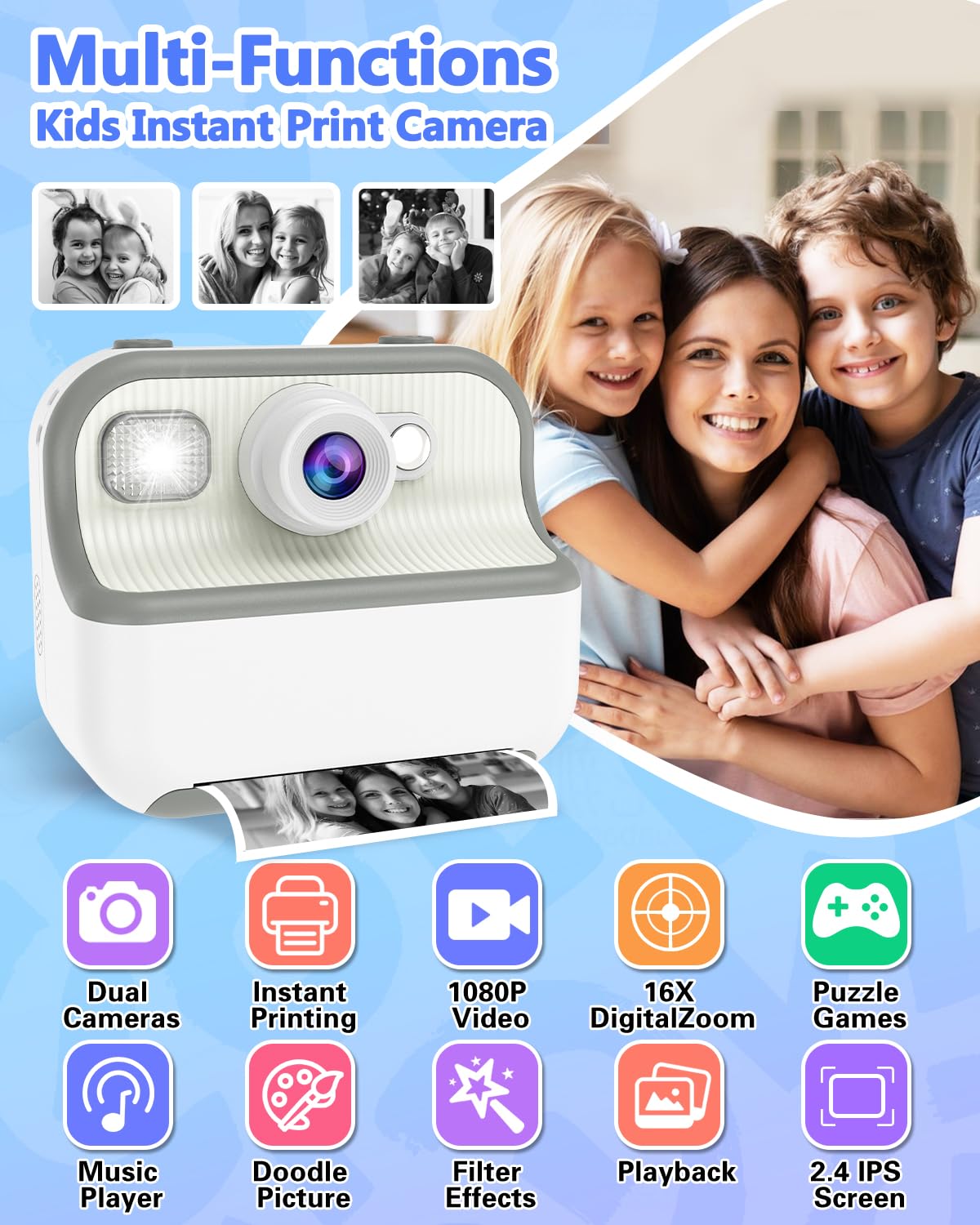 Instant Print Camera For Kids, Christmas Birthday Gifts For Girls Boys, Hd Dual Digital Video Cameras For Kids, Portable Toy For