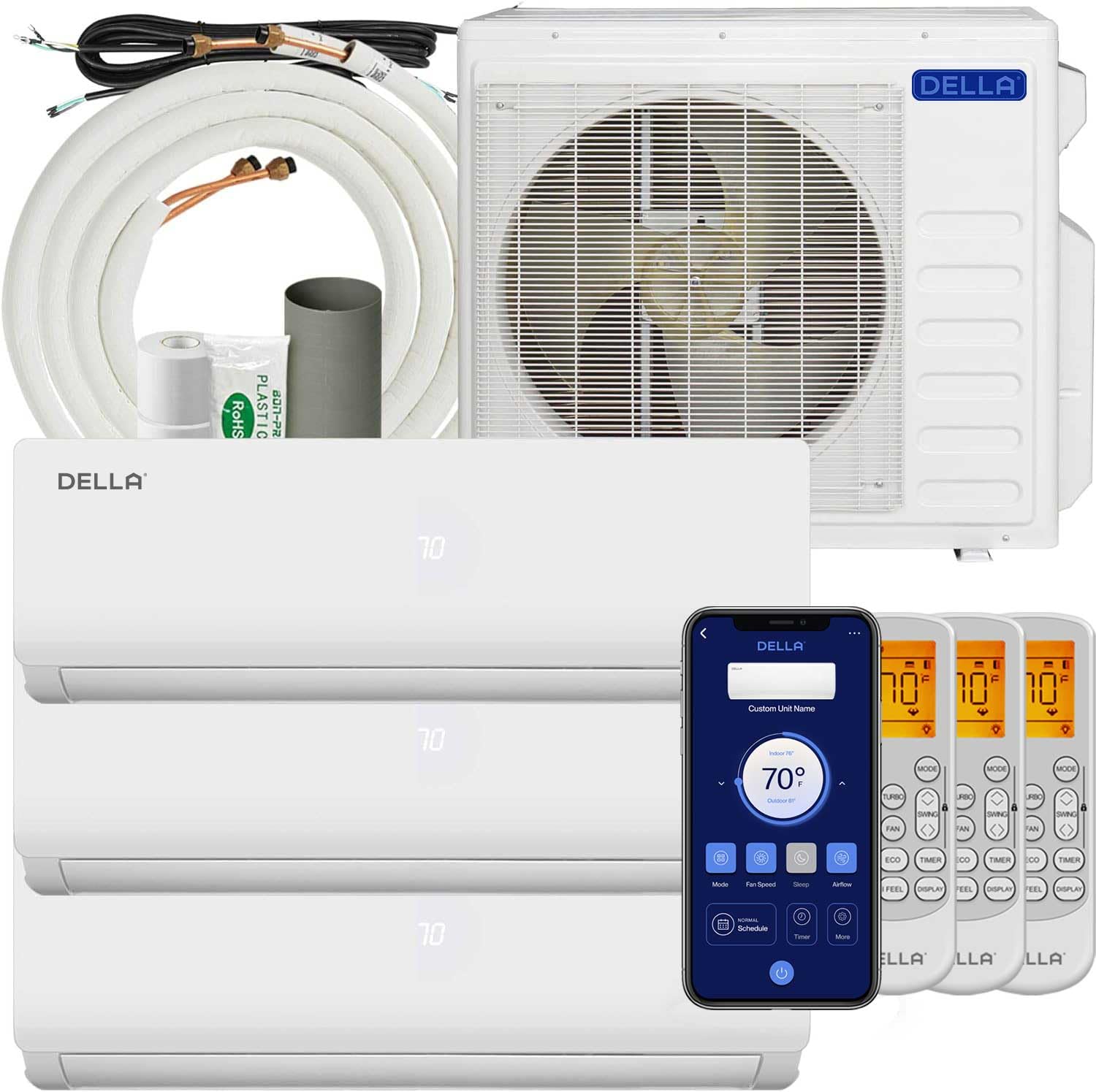 Della 27K Btu (9K 12K 12K Btu) Odu Tri 3 Zone Air Conditioner, Works With Alexa And Wifi, 19 Seer2 208 230V Cools Up To 1500 Sq.