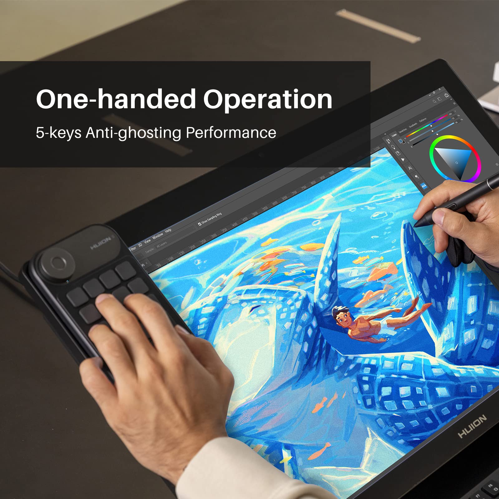 Huion Keydial Mini Bluetooth Programmable Keypad With Dial 5 Keys Anti-Ghosting 18 Customized Keys, Wireless Shortcut Keyboard F