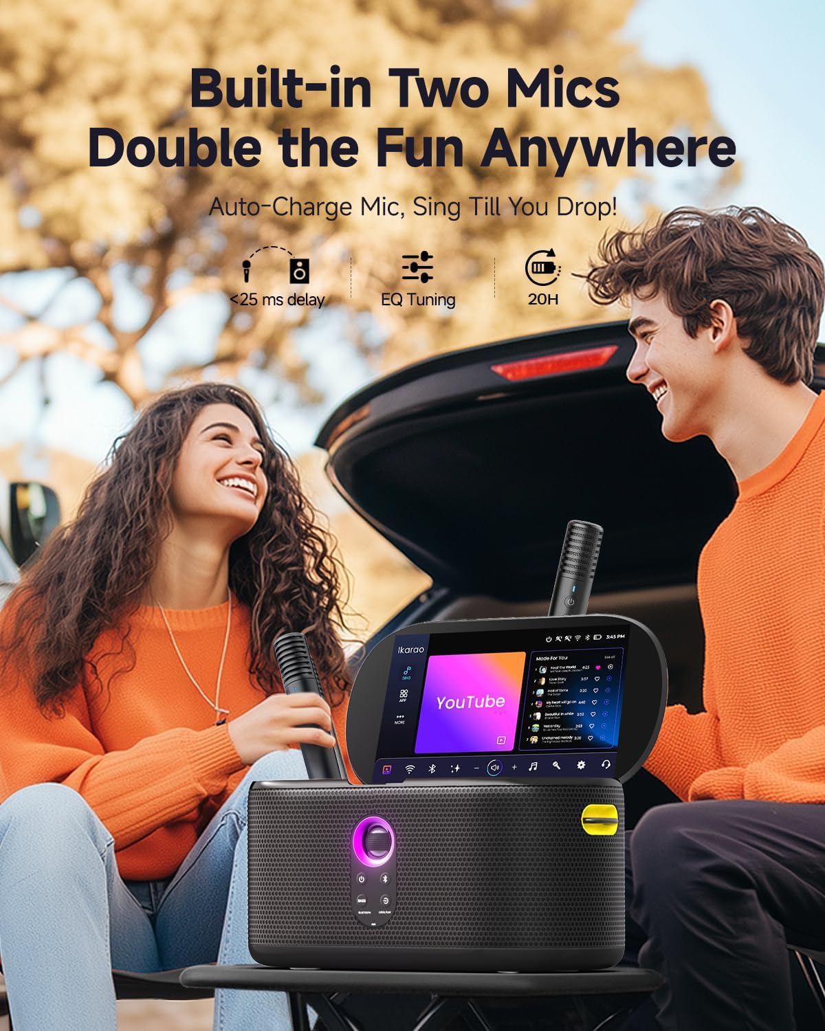 Ikarao Speaker With Microphone, 280W Deep Bass For Party, Two Microphones, 10.1'' Screen Lyrics Display, Loud Wireless Speakers,