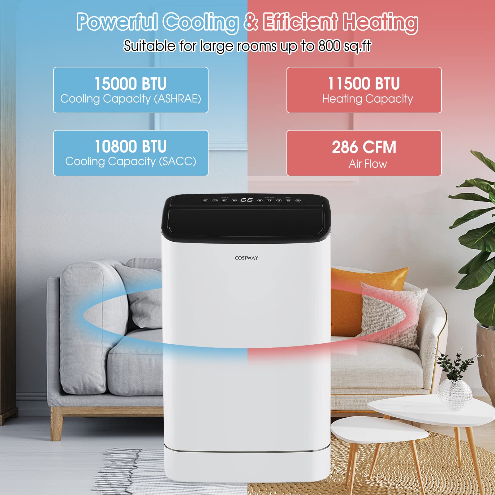 Costway 15000 Btu Portable Air Conditioner, With Heat, Auto Swing 4 In 1 Ac Unit For Rooms Up To 800 Sq.Ft, With Built In Dehumidifier, 24H Timer, Remote Control/App Control & Window Kit