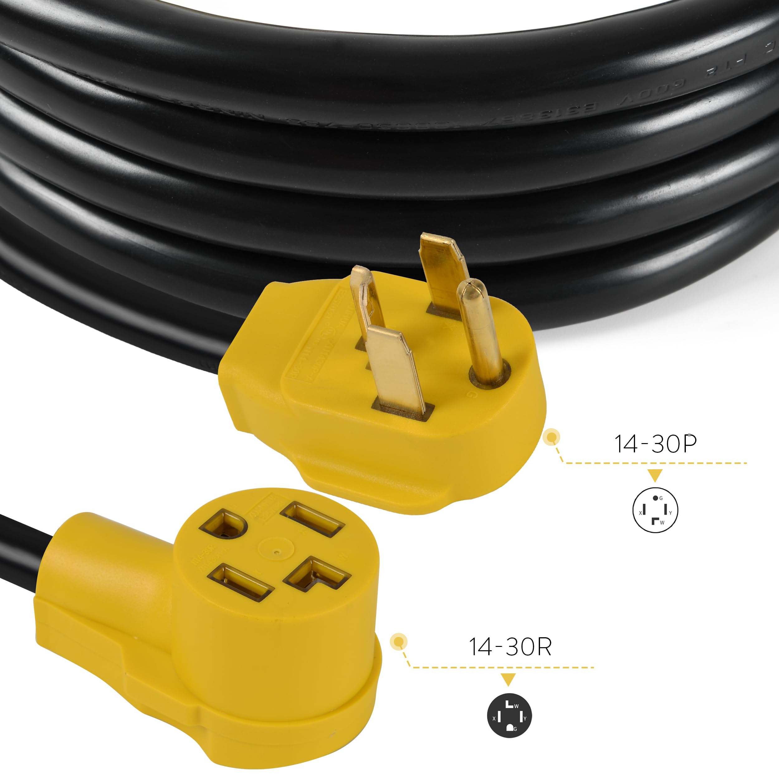 25 Feet 30 Amp 4 Prong 10 Gauge Nema 14 30P To 14 30R 125V/250V Dryer And Ev Extension Cord