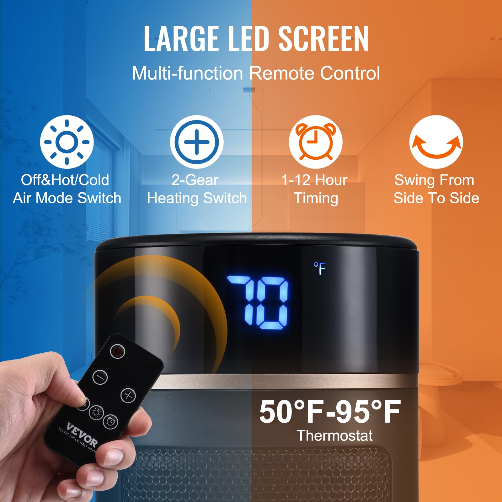 Vevor Electric Space Heater With Thermostat Remote Control, 1000W/1500W 2 Level Adjustable Quiet Ceramic Heater Fan, 20 In Tip O