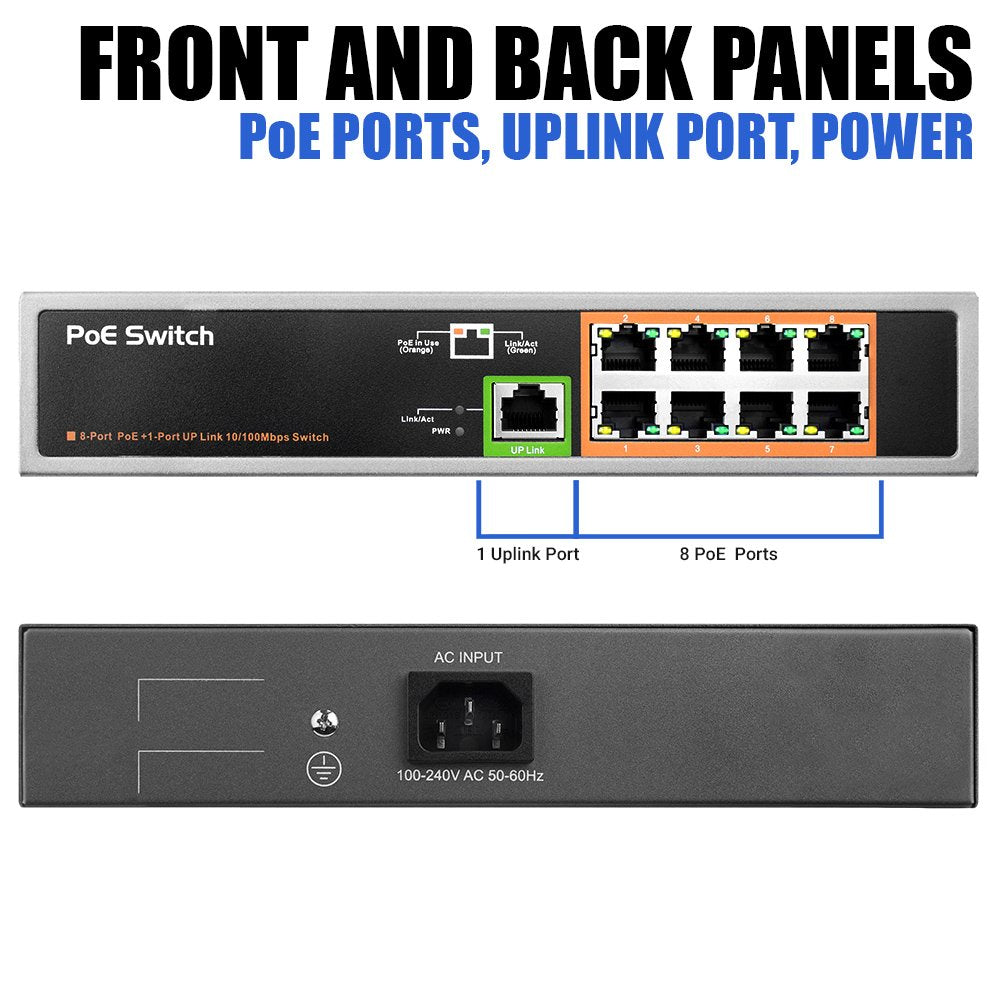 Bv Tech 8 Port Poe Unmanaged Switch + 1 Ethernet Uplink   150W   802.3Af   Poe Sw801