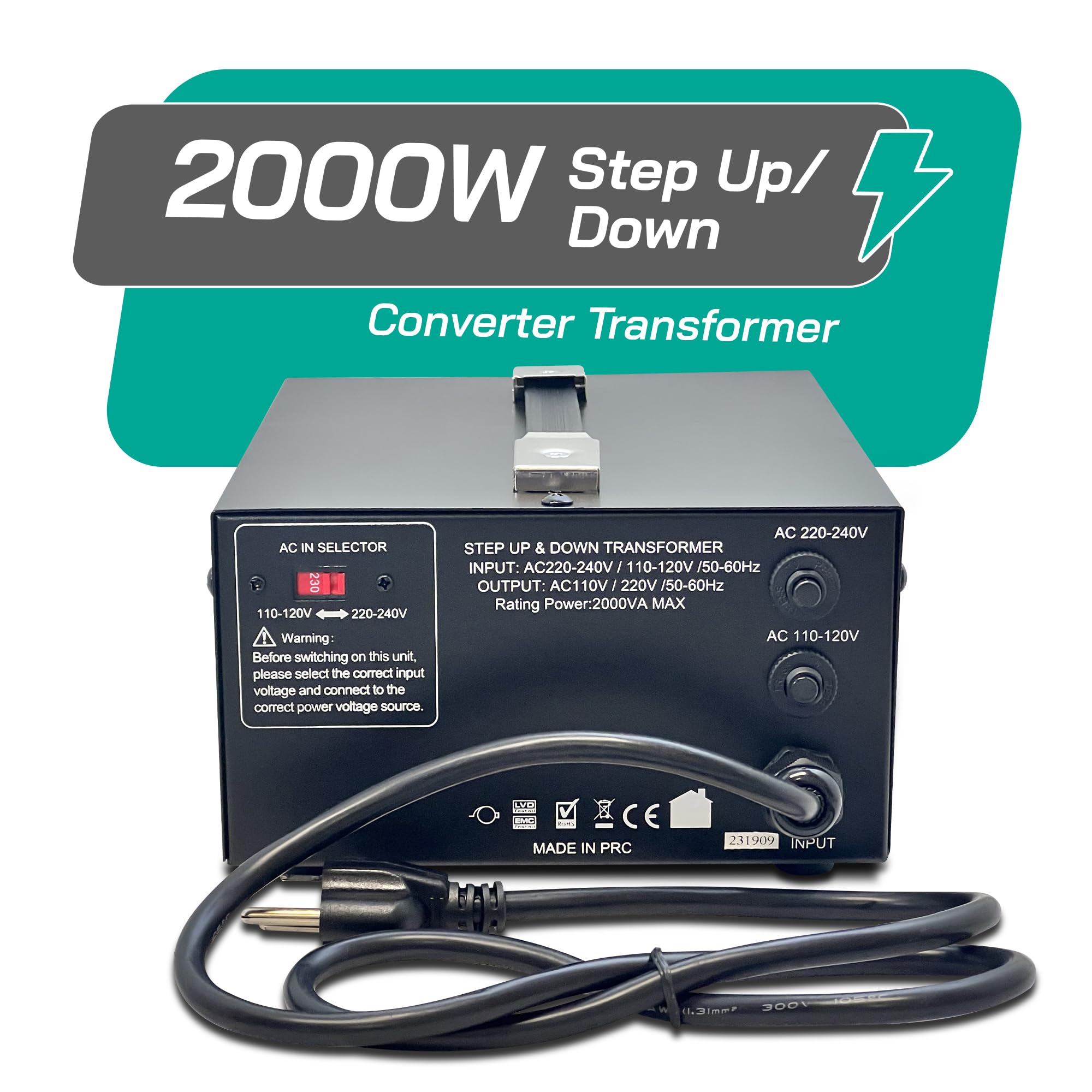 Litefuze 2000 Watt Voltage Converter Transformer Step Up/Down   110V To 220V / 220V To 110V Power Converter   Fully Usa Grounded