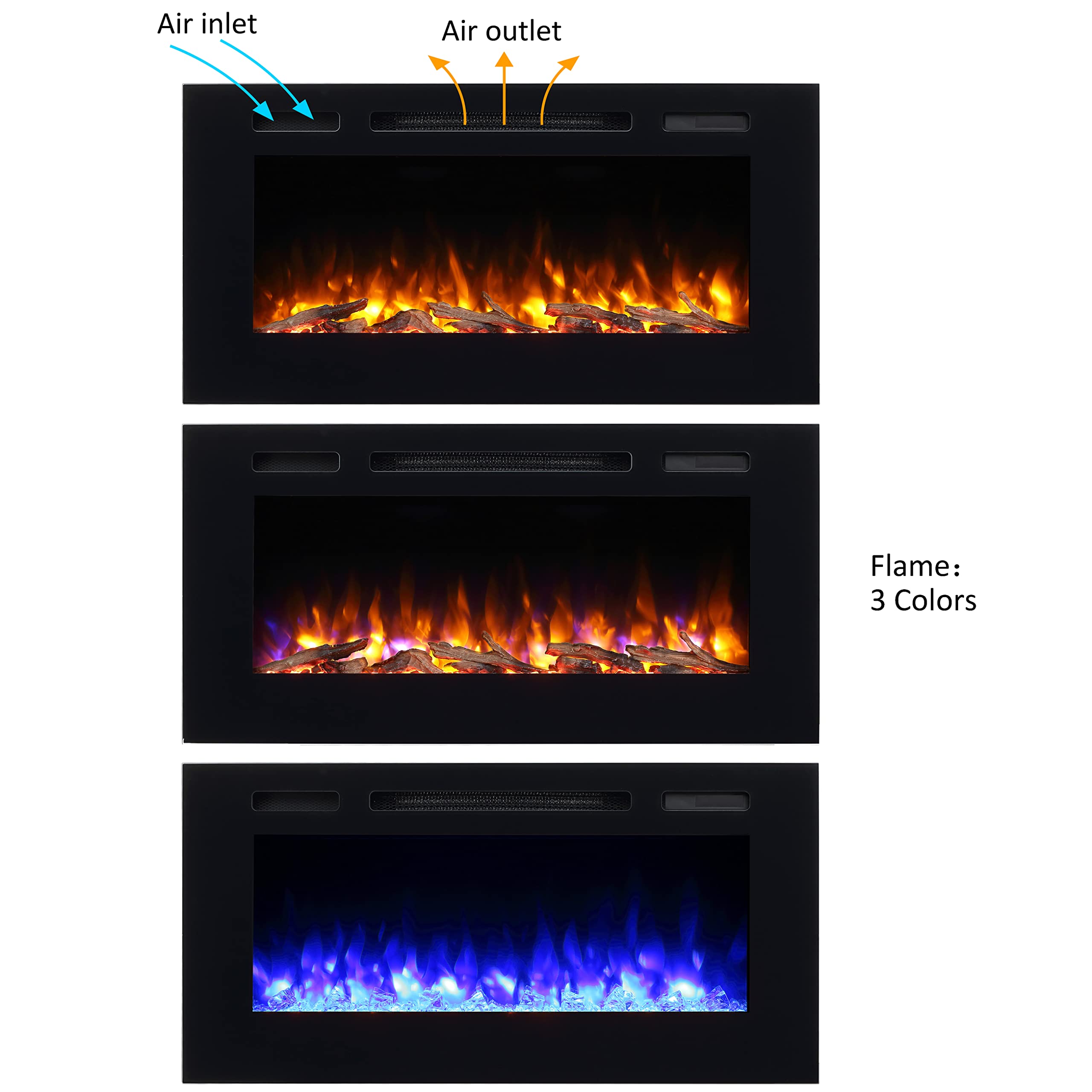 Puraflame Alice 40 Inches Recessed Electric Fireplace, Flush Mounted For 2 X 6 Stud, Log Set & Crystal, 1500W Heater, Black