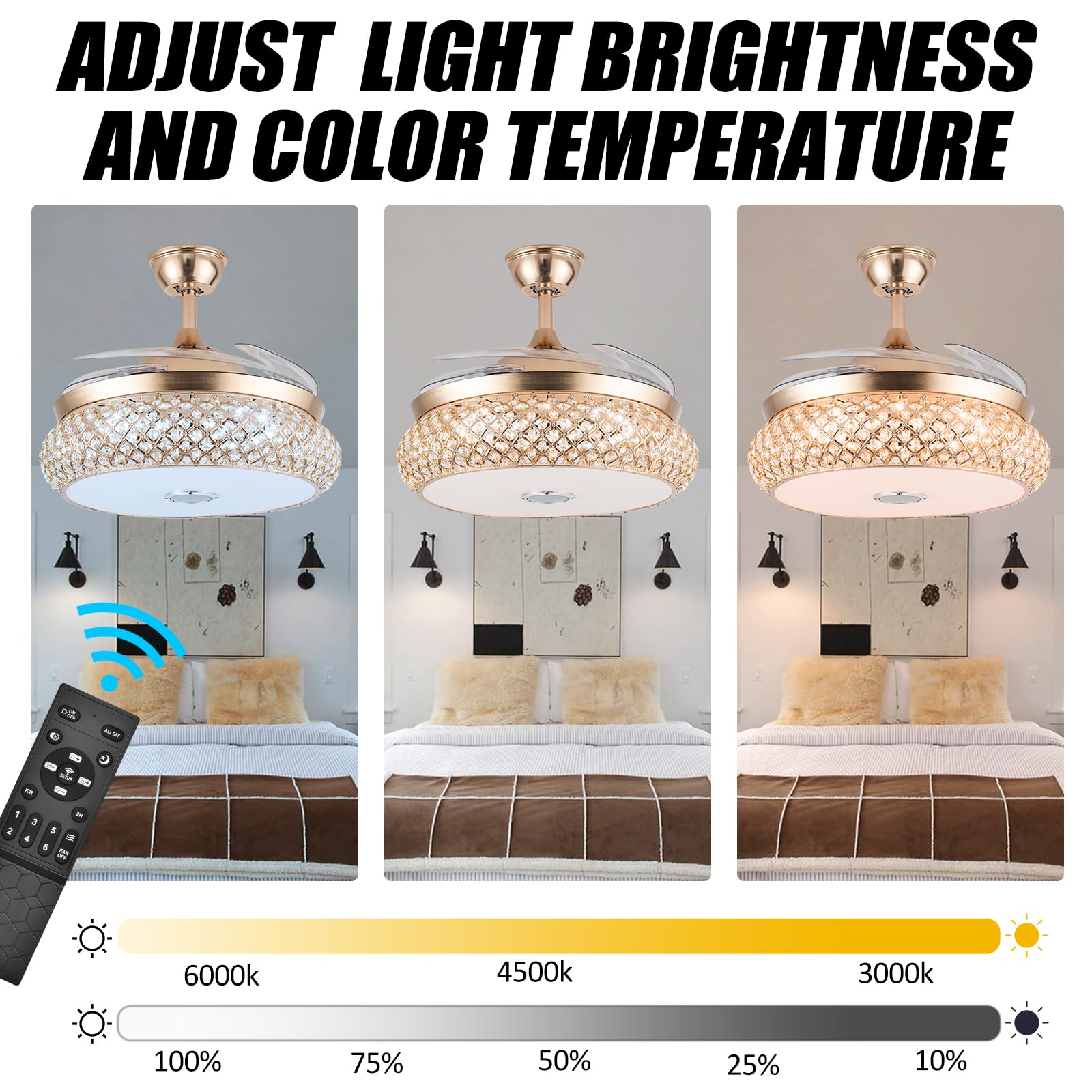 42 Inch Retractable Invisible Ceiling Fan With Light And Bluetooth Speaker, Modern Bluetooth Fan Chandelier With Remote Control