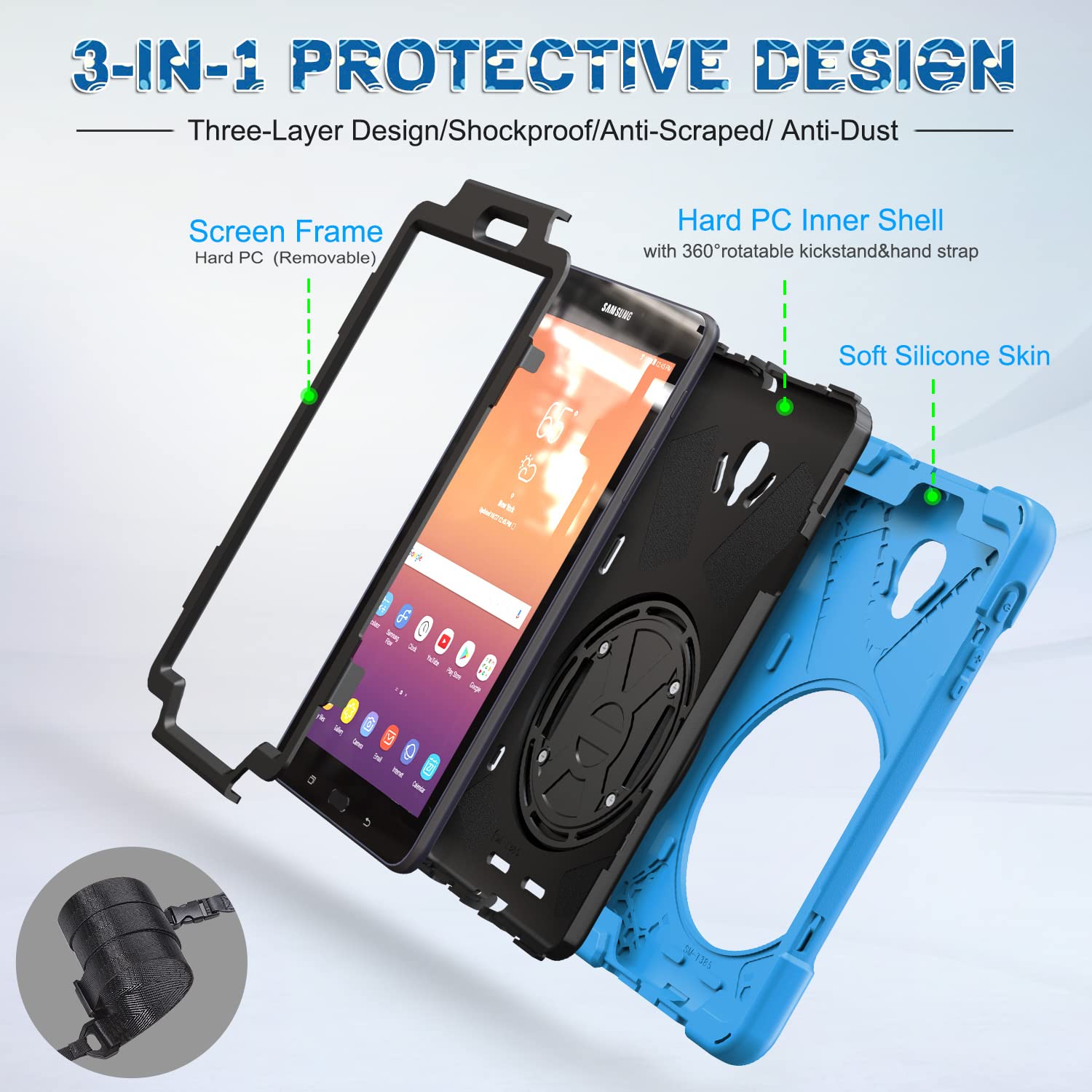 Braecnstock For Samsung Galaxy Tab A 8.0 2017 Case (Sm-T380/T385) Rugged Shockproof Protective Case With 360 Rotating Hand Strap