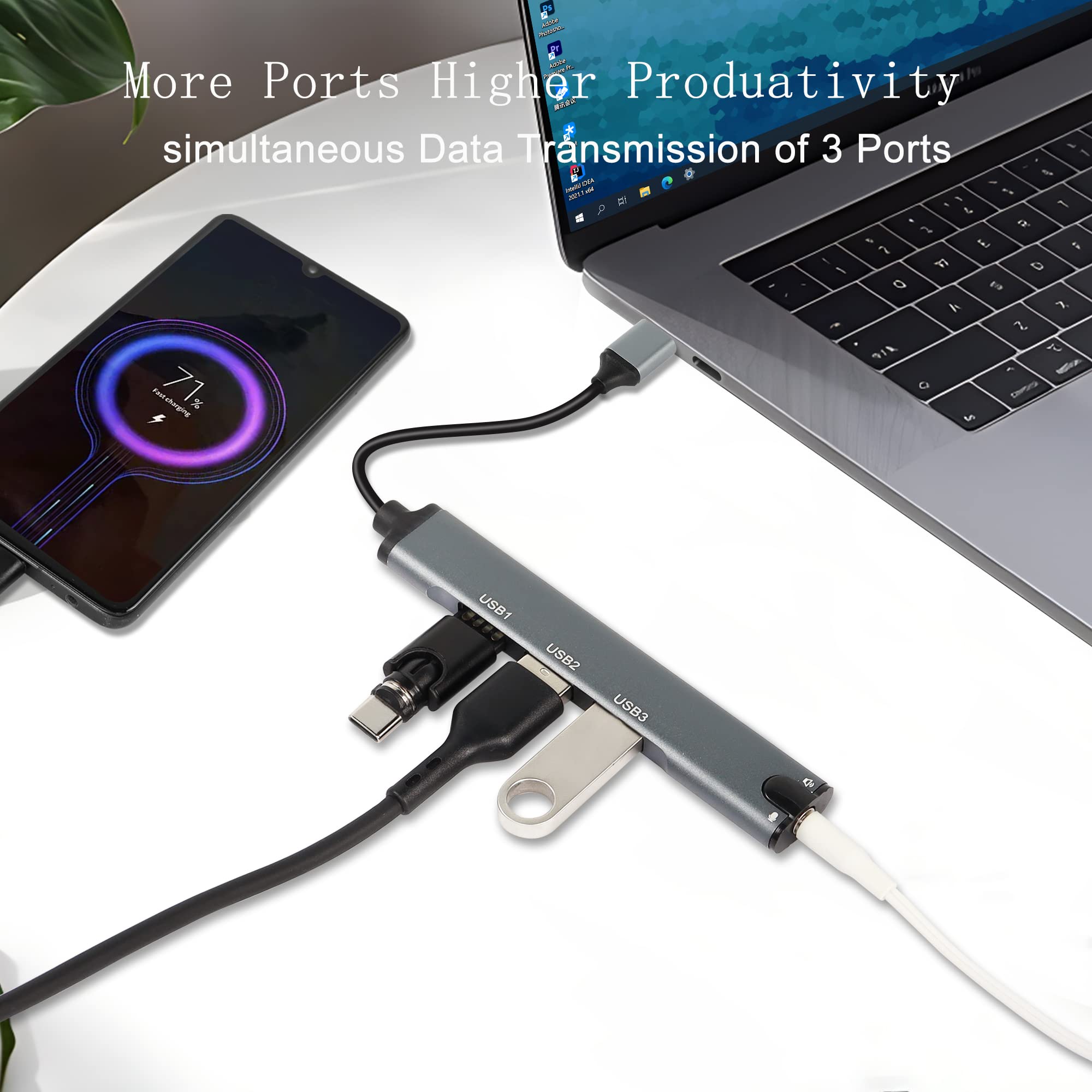 Qianrenon Usb Hub, 4 In 1 Usb Docking Station With 3.5Mm Audio Headphone + Microphone Jack Hub Adapter Usb 3.0 Multiport Allocat