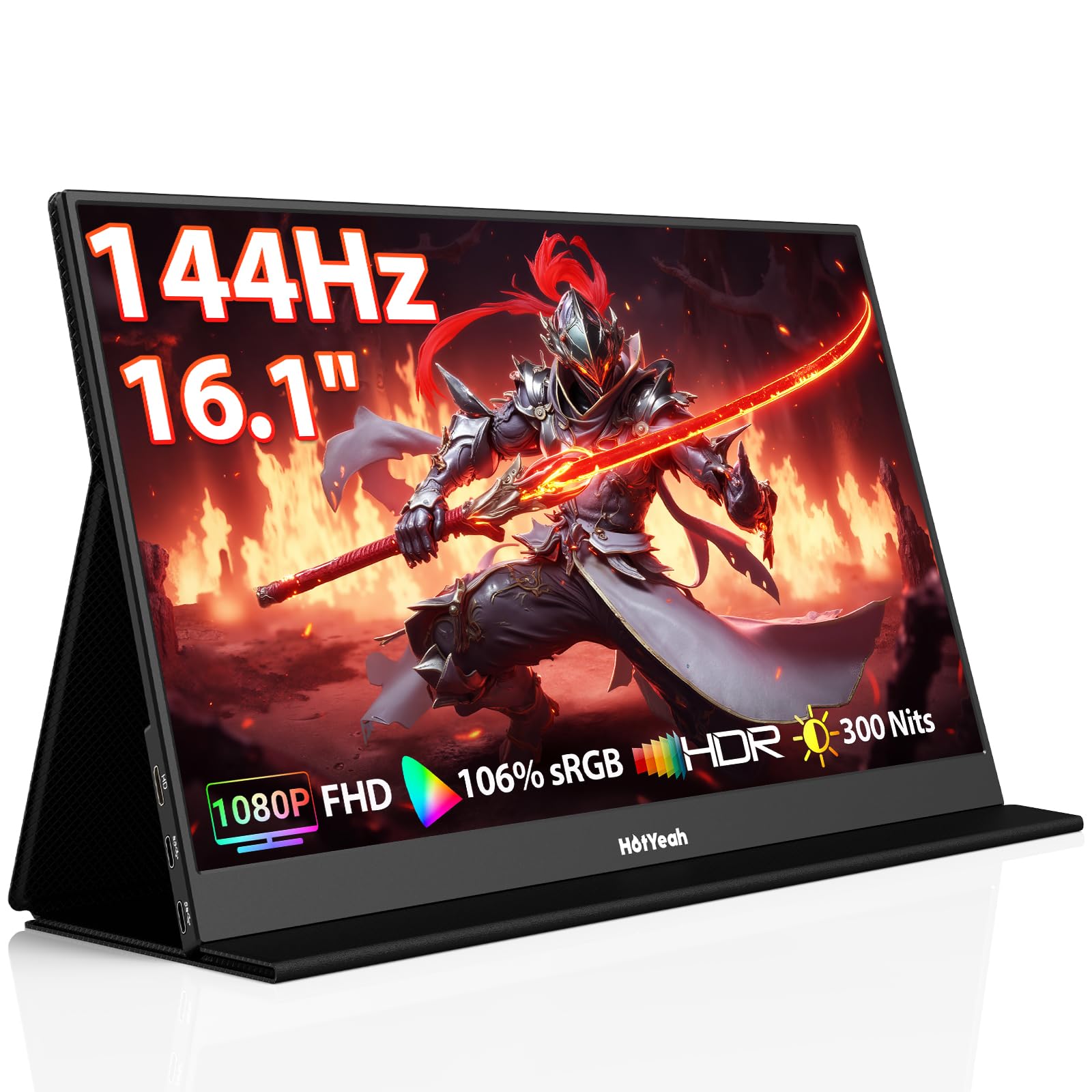 HotYeah Portable Travel Monitor, 16.1 144Hz 1080P FHD Portable Monitor, 106% sRGB HDR Display USB-C HDMI External Screen w/Sma