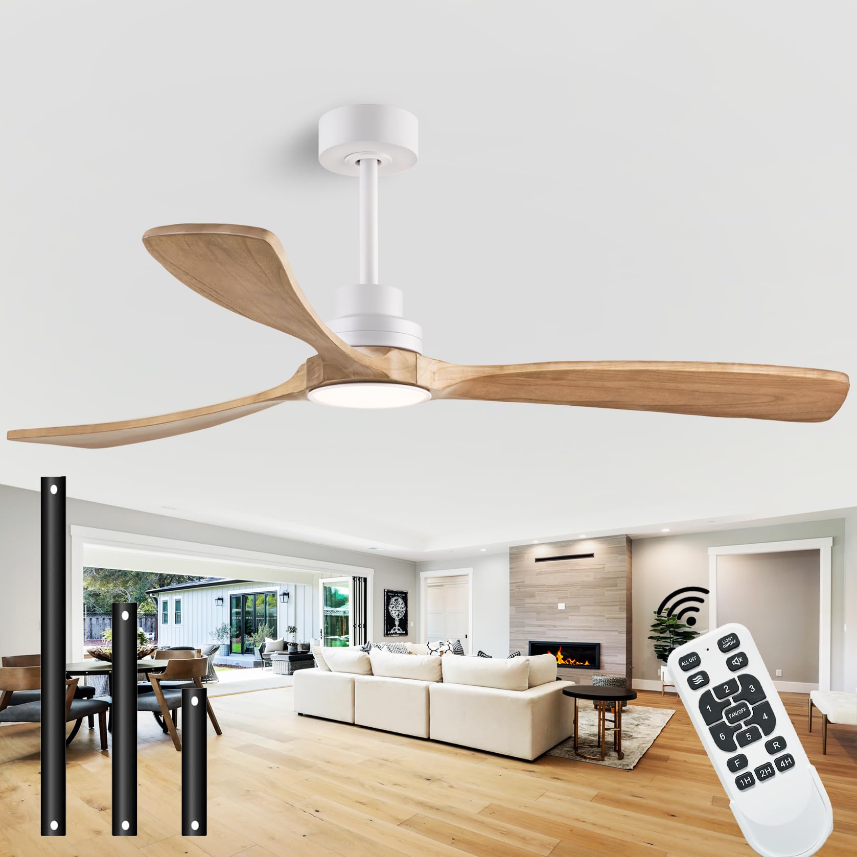 Dearnow 60'' Ceiling Fans With Light With Remote Control, Indoor Outdoor Wood Ceiling Fan With 3 Wood Blades For Living Room, Ha