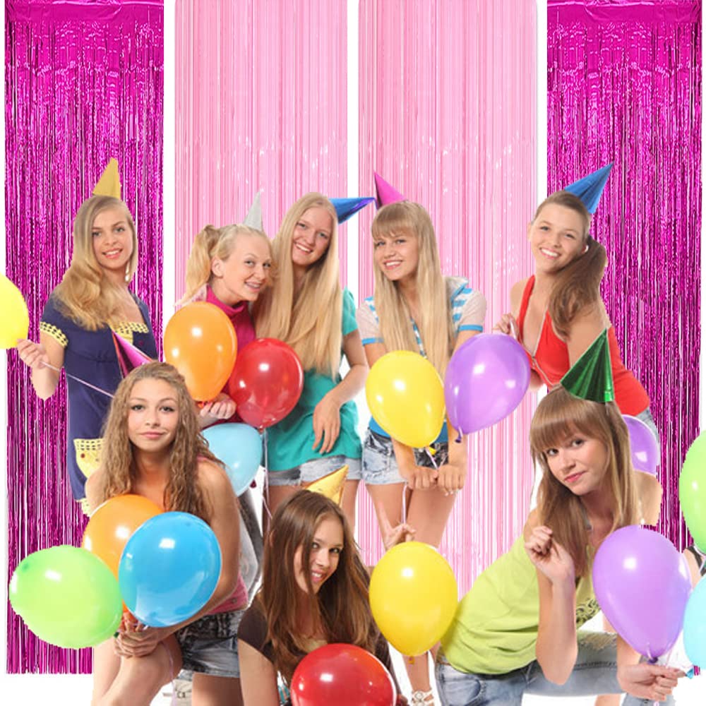 Boopati 3.2X6.5 Ft Pink & Rose Red Metallic Tinsel Foil Fringe Curtains For Barbeeprincess Theme Party,Pink Foil Fringe Curtain,