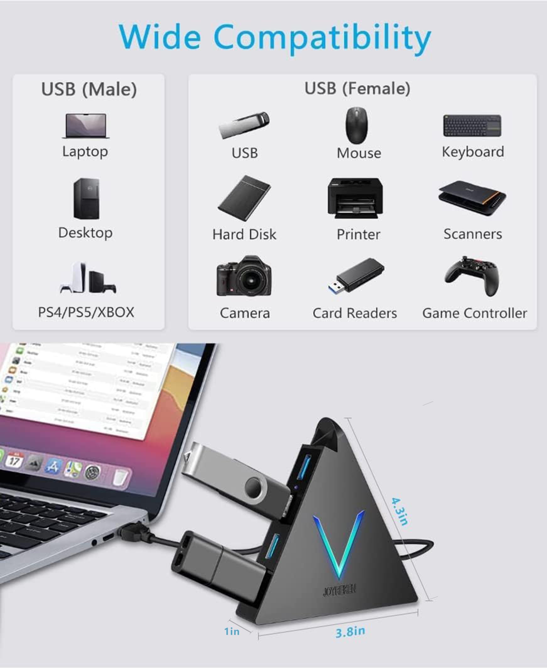Joyreken 4 Port Usb 3.0 Hub, Flyingvhub Vertical Data Usb Hub With 2 Ft Extended Cable, For Mac, Pc, Xbox One, Ps4, Ps5, Imac, S