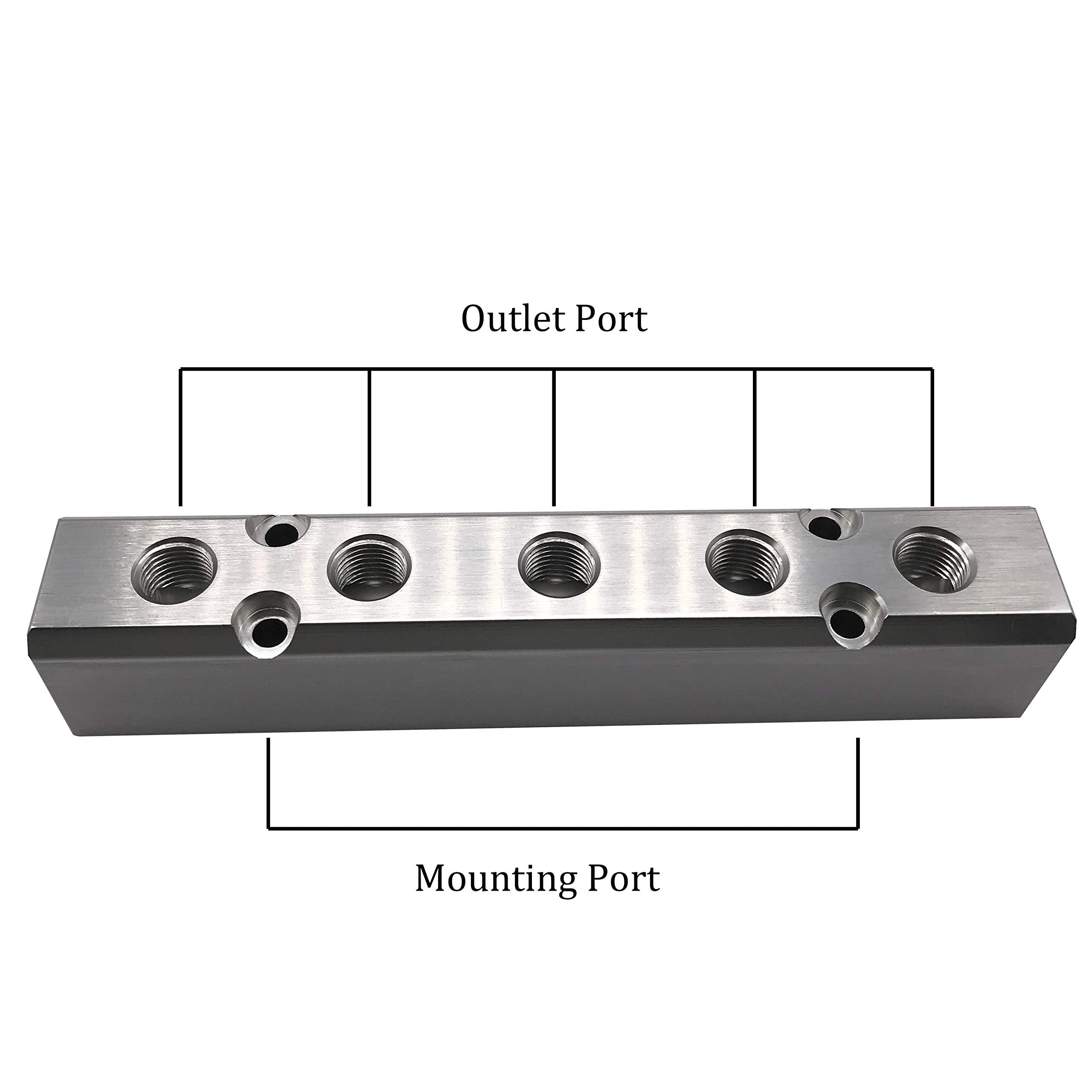 5 Way Pneumatic Manifold Air Distribution Block, G1/2 Supply Port, G1/4 Inch Output Port, Aluminum Alloy
