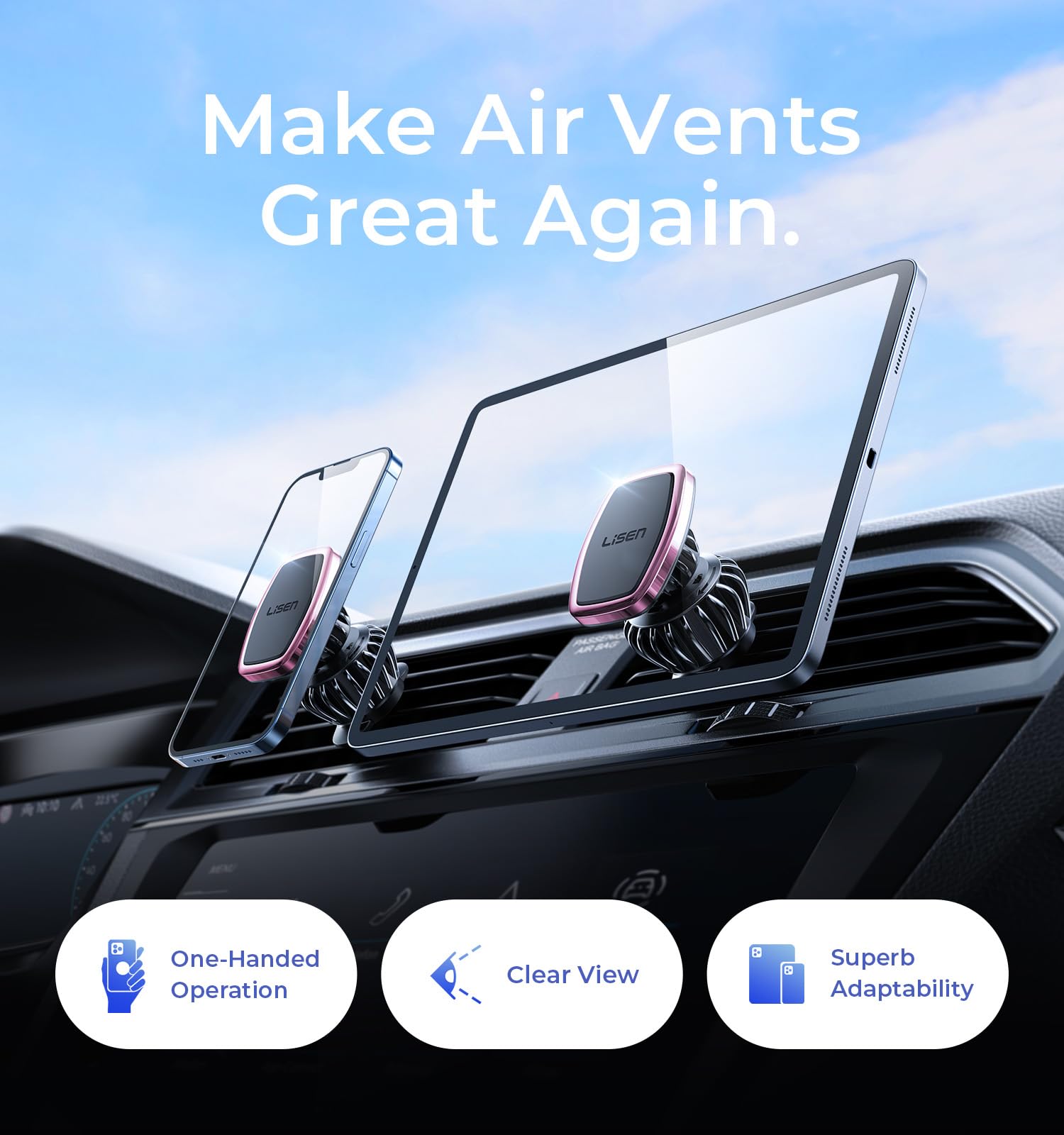 Lisen Magnetic Phone Holder For Car, [Easily Install] Car Phone Holder Mount [6 Strong Magnets] Cell Phone Holder For Car [Case