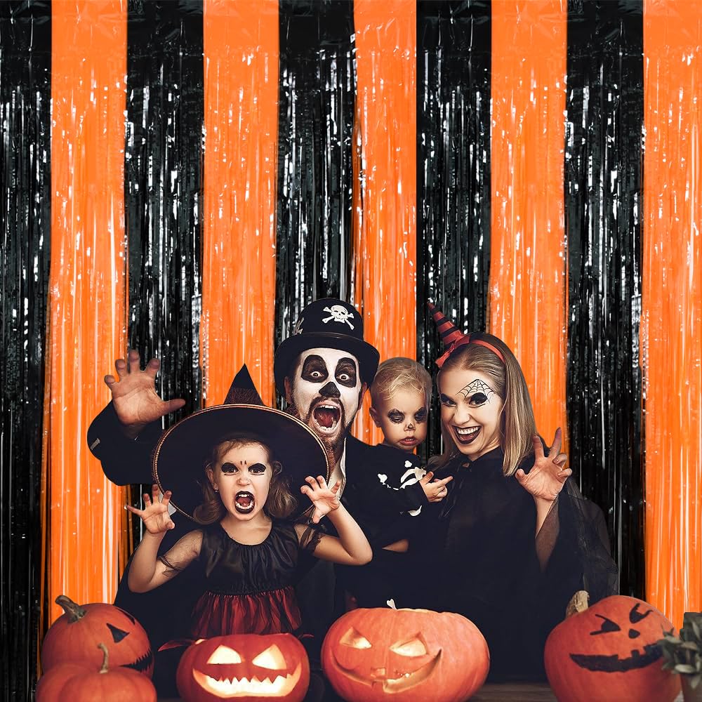 Toniful 3Pcs Black Orange Door Streamers,Photo Booth Backdrop Metallic Streamers Foil Fringe Curtains For Birthday,Christmas,New