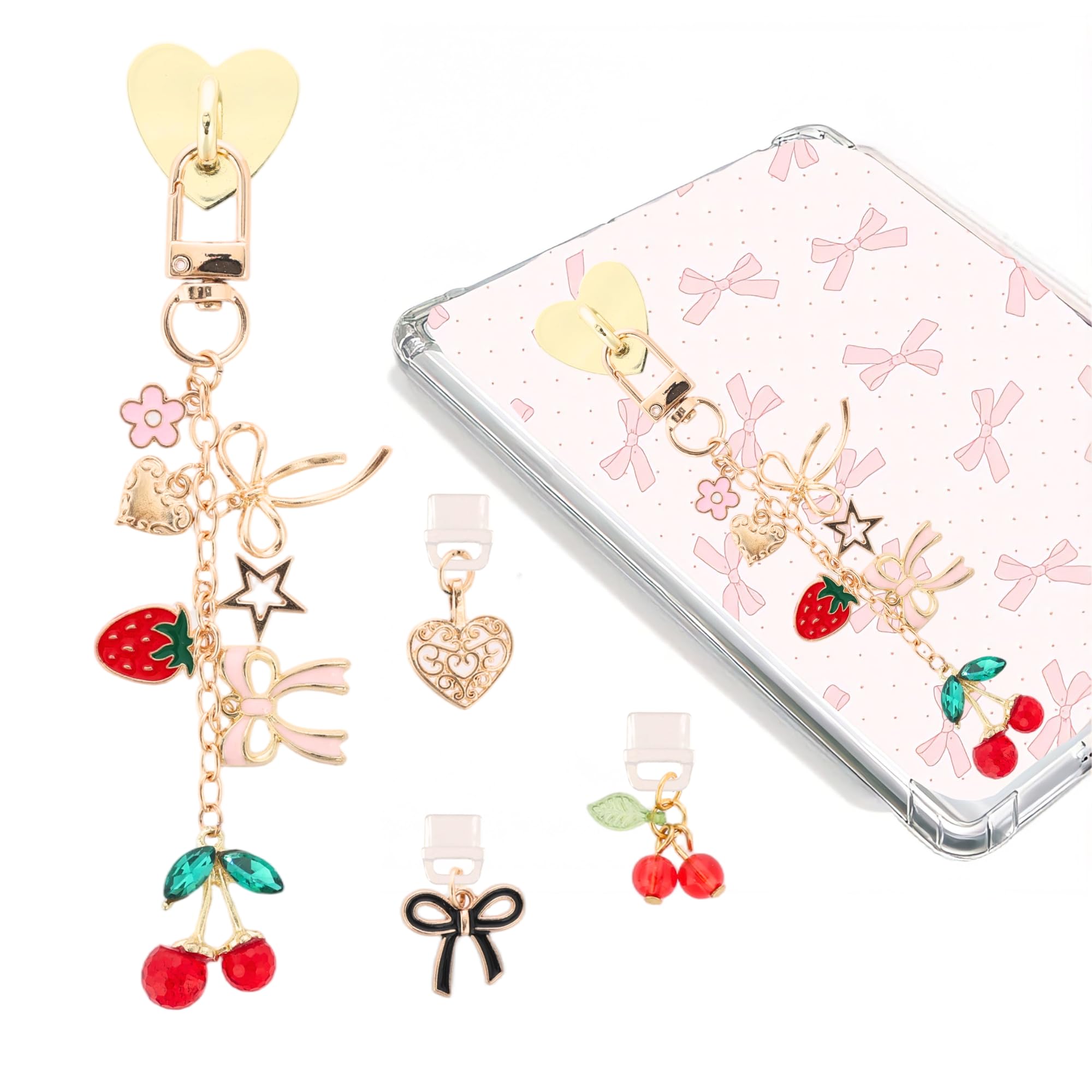 TAKEALOOKO Dust Plug Charm Chains Set for Kindle - 4Pcs Cute Cherry Strawberry E-Reader Phone Charms Type C Dustplug & Bracelet 