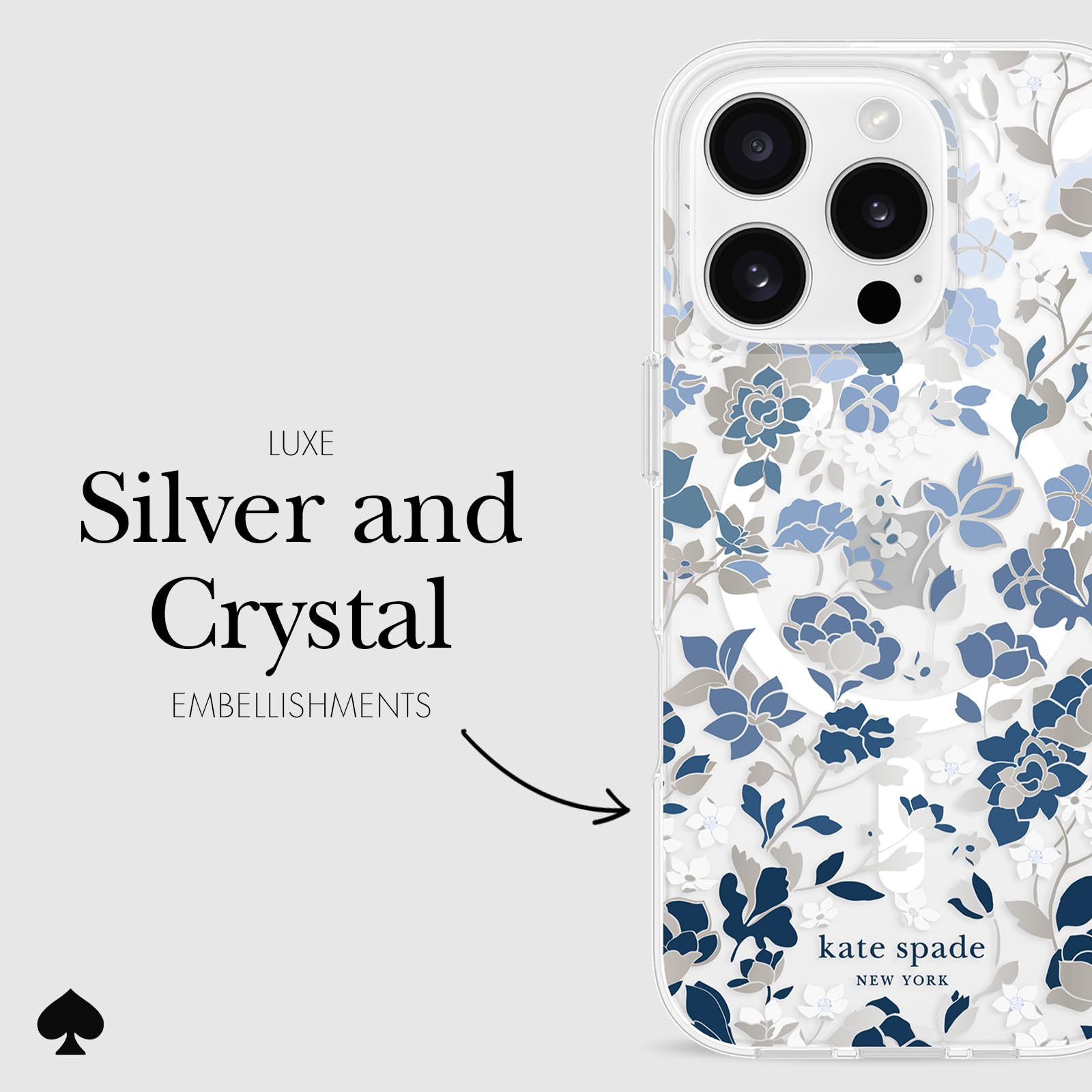 Kate Spade New York Iphone 16 Pro Case   Compatible With Magsafe   Designer Phone Case   Flowerbed Blue Gems