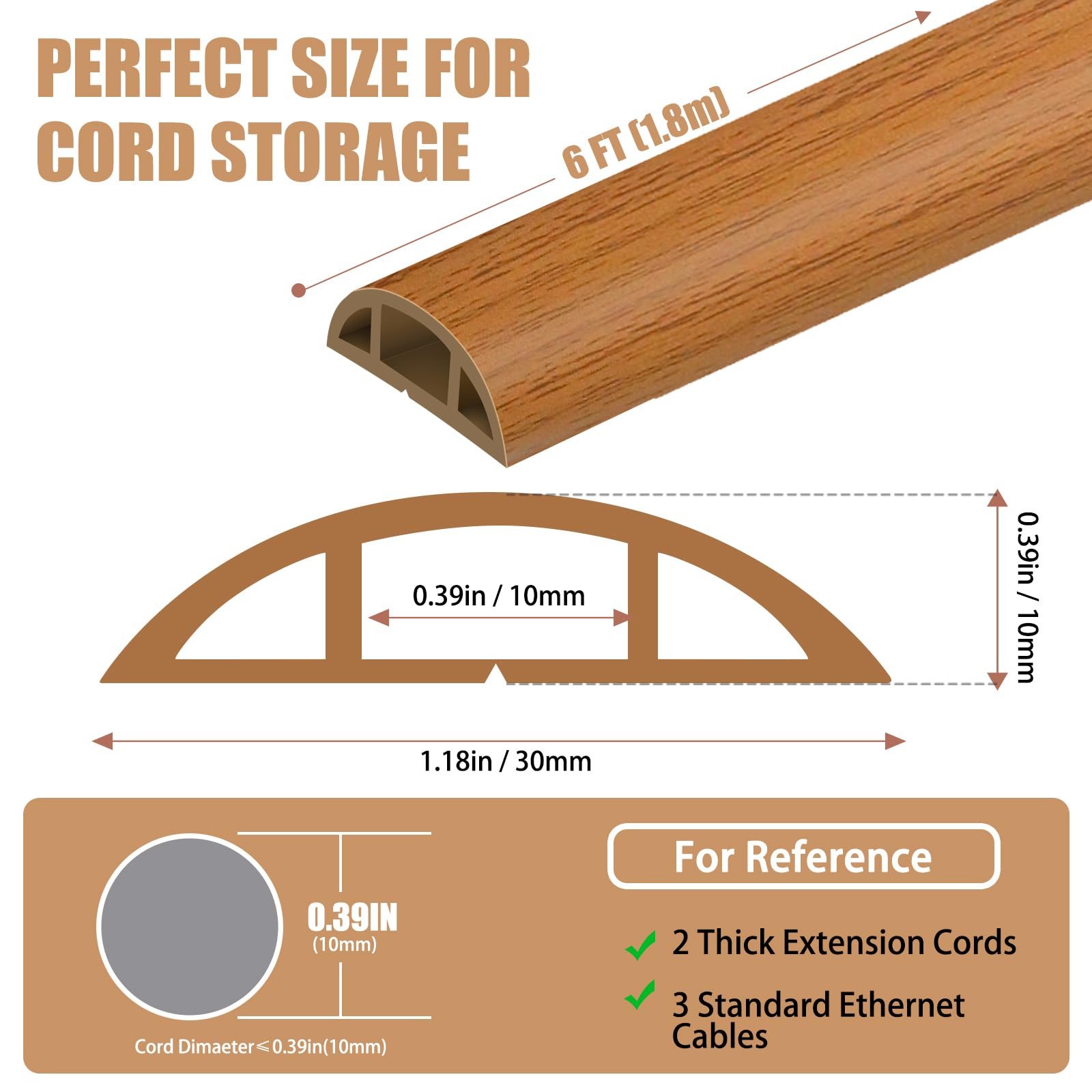 Floor Cord Cover Wood 6Ft Decorative Cord Hider Wire Cover Self Adhesive Cable Management For Floors Prevent Cable Trips Cable F