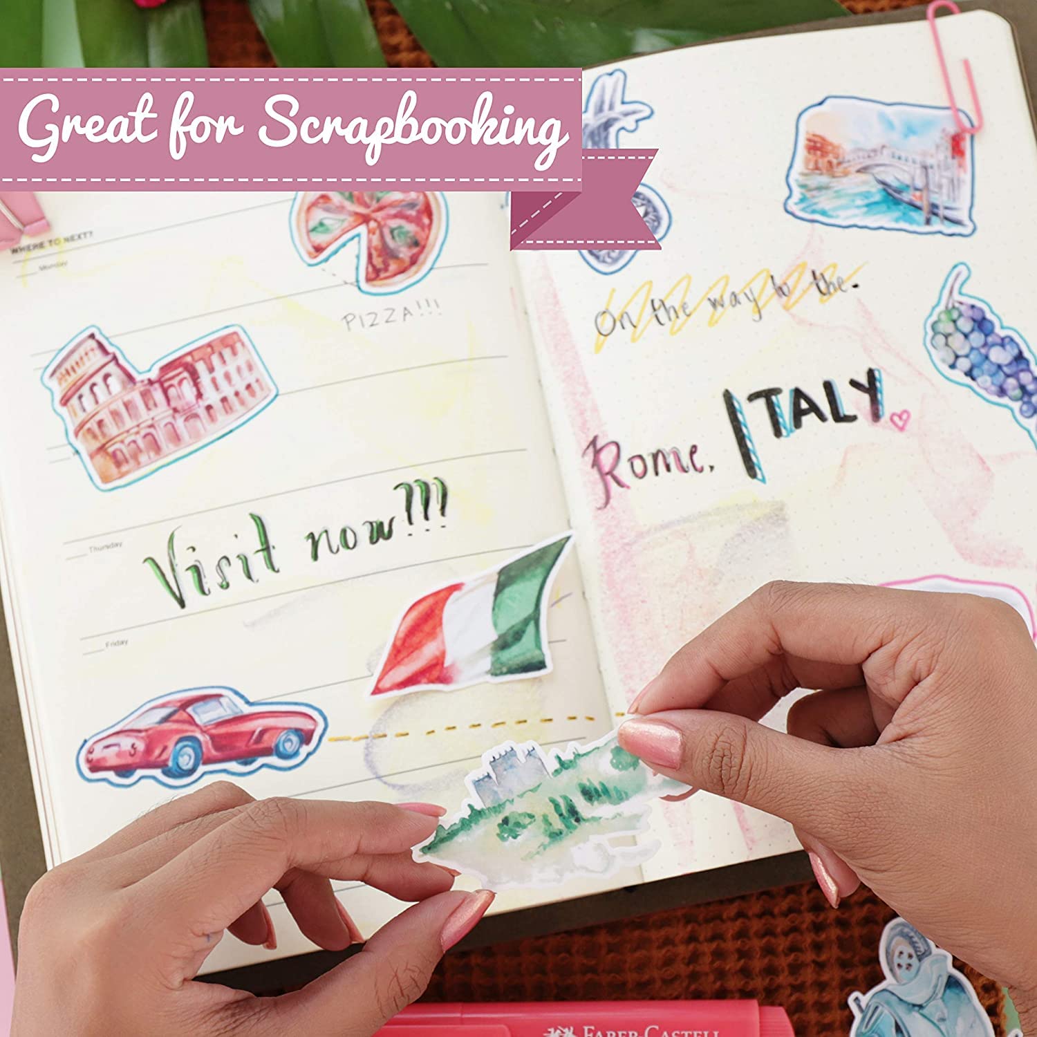 Navy Peony Inspiring Italy Travel Stickers (28 Pack)   Cute, Waterproof, Small | Aesthetic Adventure Decals For Water Bottles, L