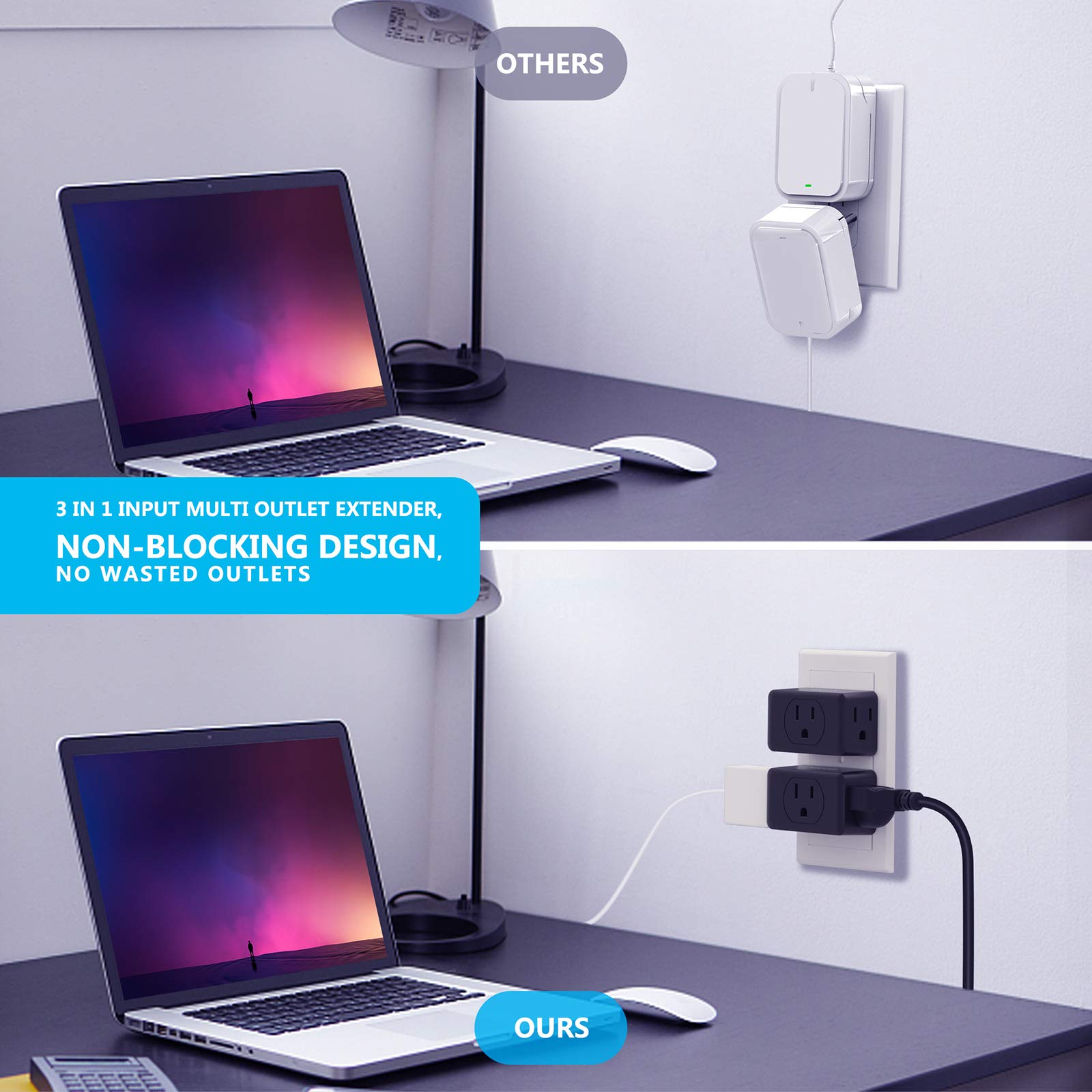 Multi Plug Outlet Extender, Vintar 3 Plug Outlet Adapter, Multiple Outlet Splitter, Grounded Wall Tap Adapter Power Plug Expande