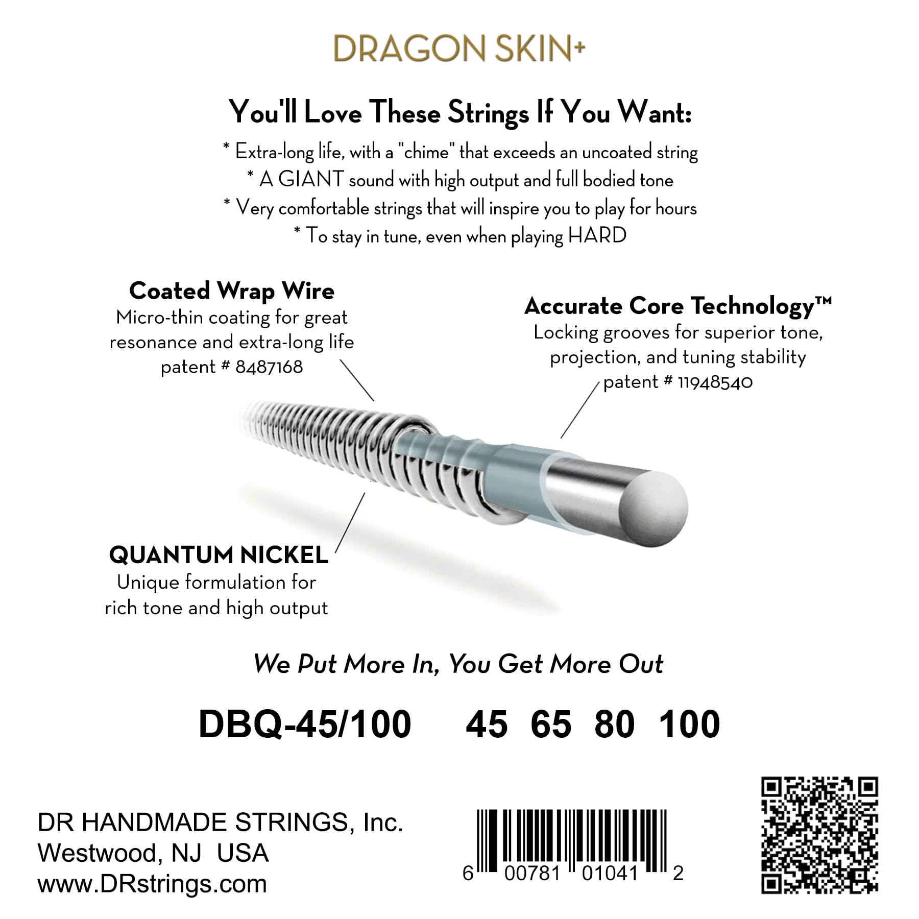 Dr Strings Dragon Skin+ - Coated Quantum Nickel Bass Strings - Dbq-45/100 - Superior Sound With Comfortable Feel & Long Life: Me
