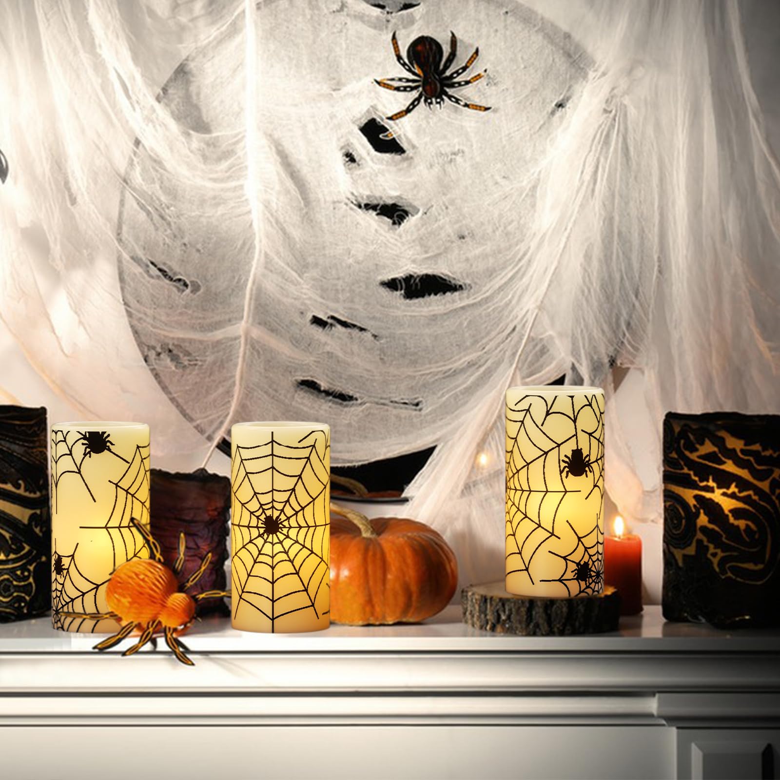 Eldnacele Halloween Flameless Candles With Timer,Battery Operated Spider Cobweb Decal Flickering Candles Real Wax Led Pillar Can