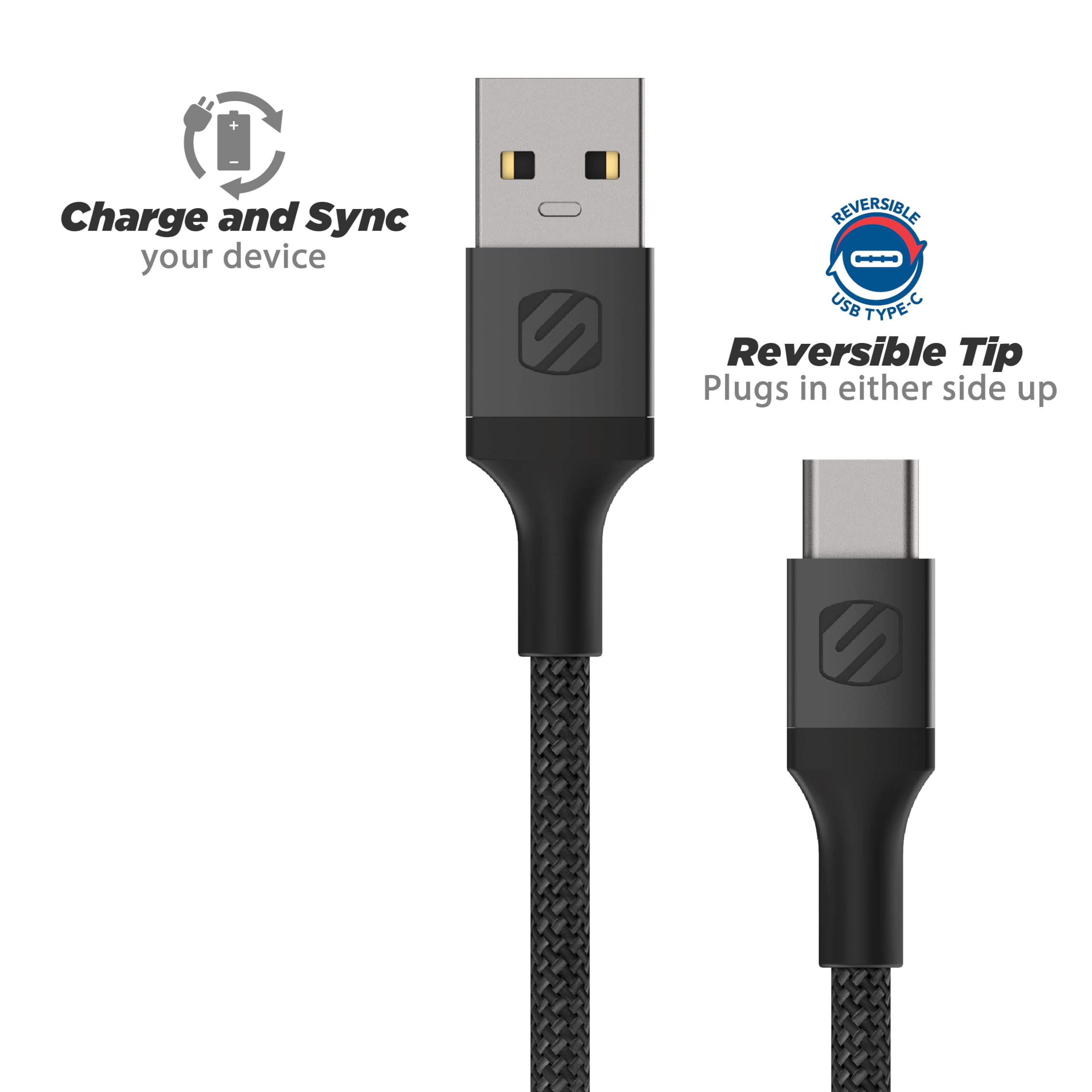 Scosche CAB10 SP Strikeline Premium USB to Type C Sync Braided Charging Cable, 10 feet, Space Gray