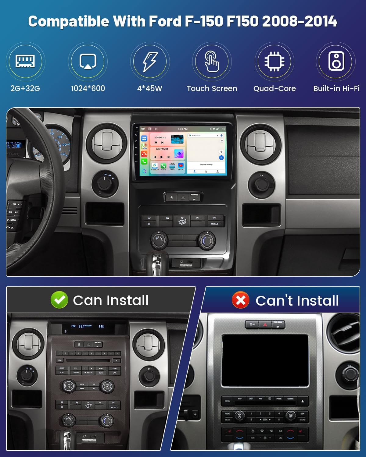 Roinvou [2G+64G] For Ford F 150 F150 2009 2012 Car Radio With Wireless Carplay/Android Auto, 9 Inch Android 13 Ips Touch Screen