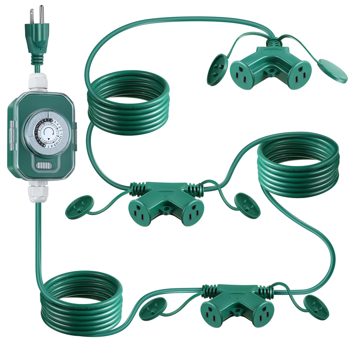 Feekoon 20 Ft Outdoor Extension Cord With Mechanical Timer And 6 Outlet Plugs, 16Awg Sjtw Green Power Cord With Safety Cover Hea