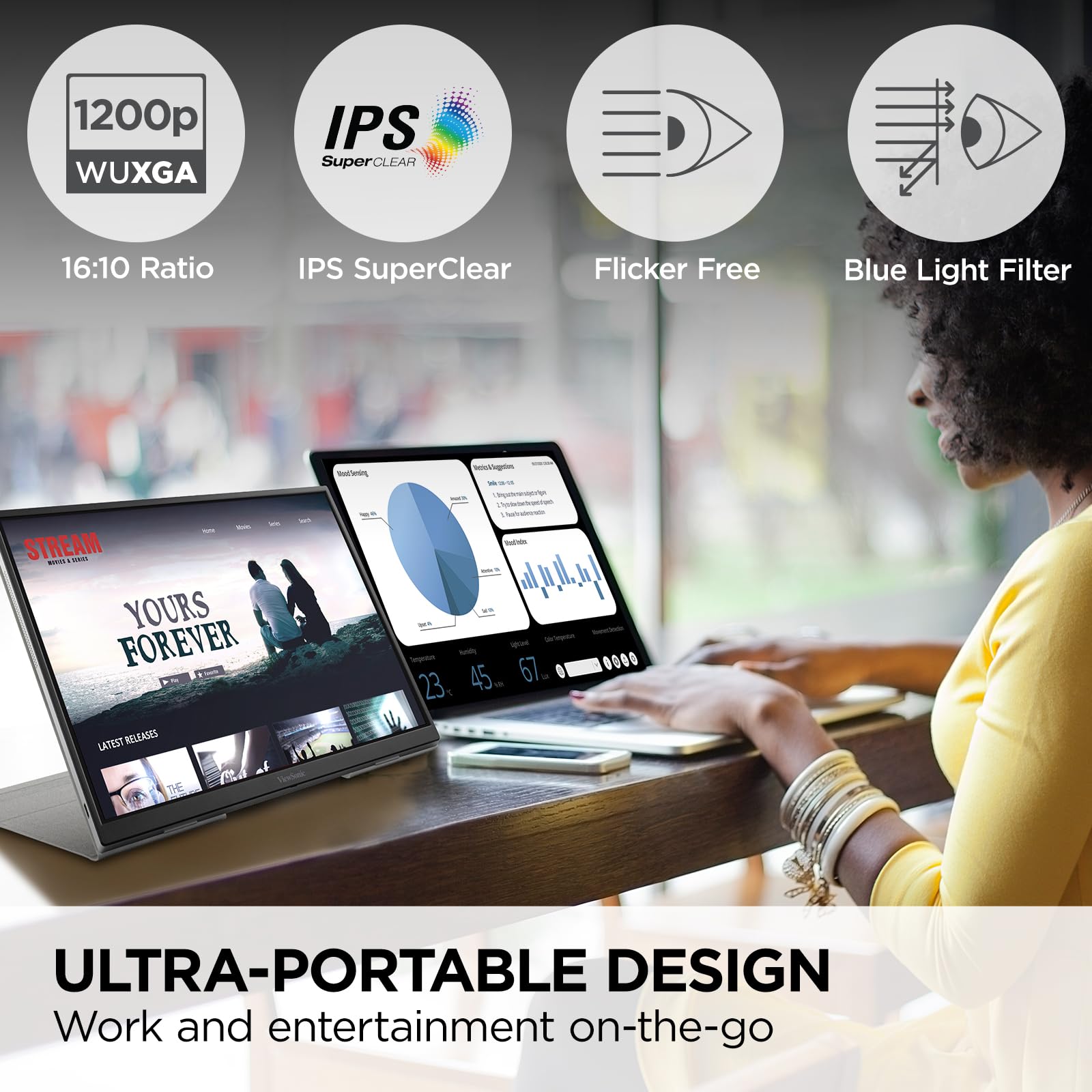 Viewsonic Vg1656N 16 Inch 1200P Ips Wireless Portable Monitor With 2 Way Powered 60W Usb C, Built In 4000 Mah Battery And Stand