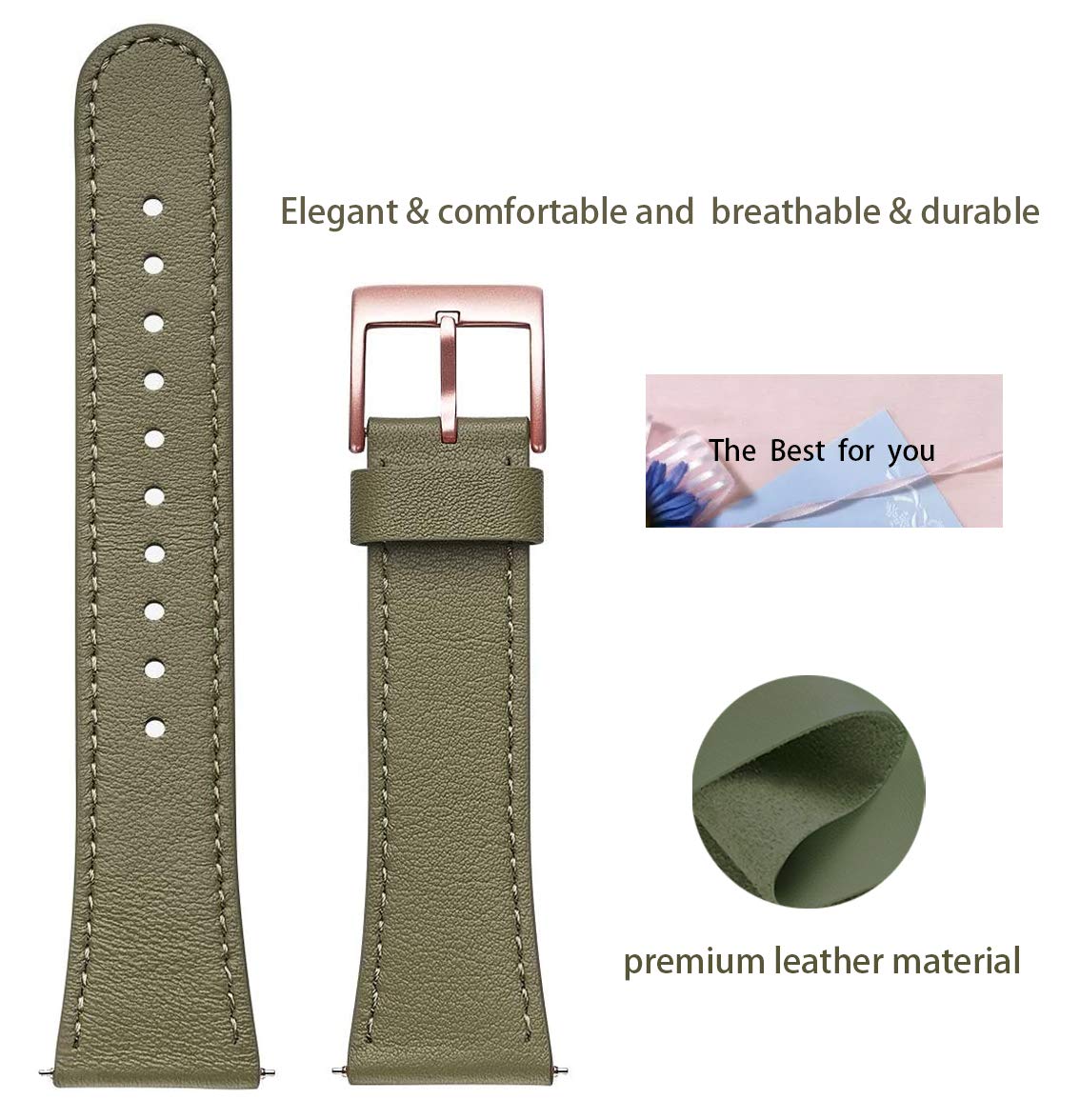 Wfeagl Top Grain Leather Band Replacement Strap For Versa/Versa 2/Lite/Se Fitness Smart Watch (Olive Band+Rosegold Buckle)