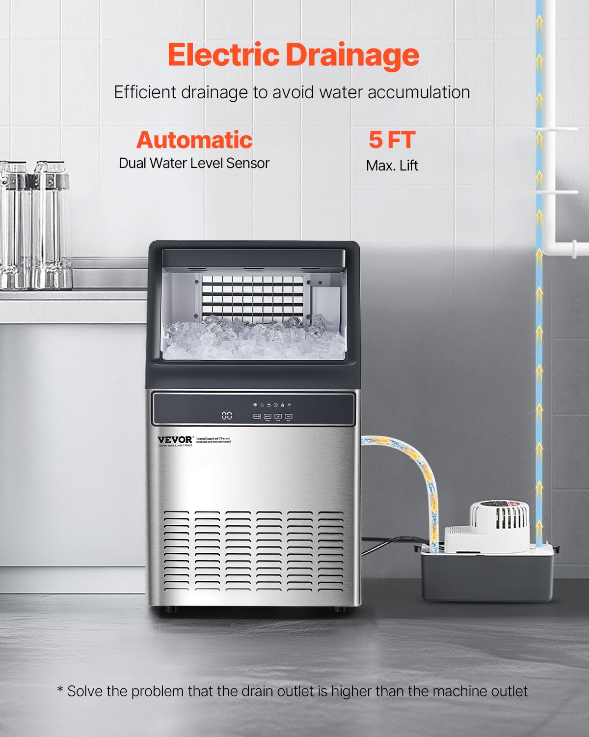 Vevor 120Lbs/24H Commercial Ice Maker Machine With Drain Pump, 33Lbs Storage Capacity Ice Maker, 55 Ice Cubes In 15 Minutes, Led