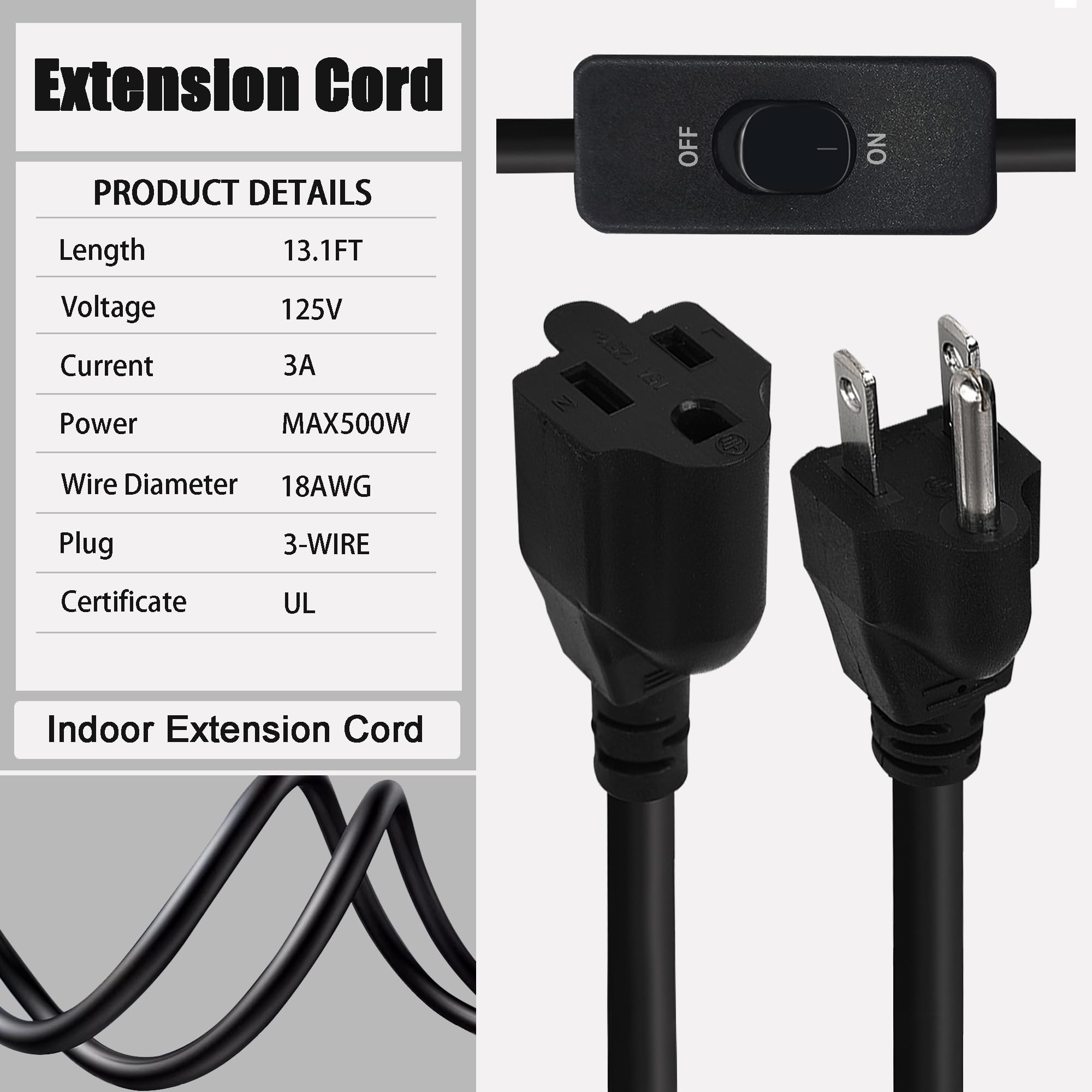 Long Extension Cord With Switch On/Off 3 Prong Grounded Plug Indoor Power Cord 13.1 Ft Insulated & Flame Retardant, Ul Listed
