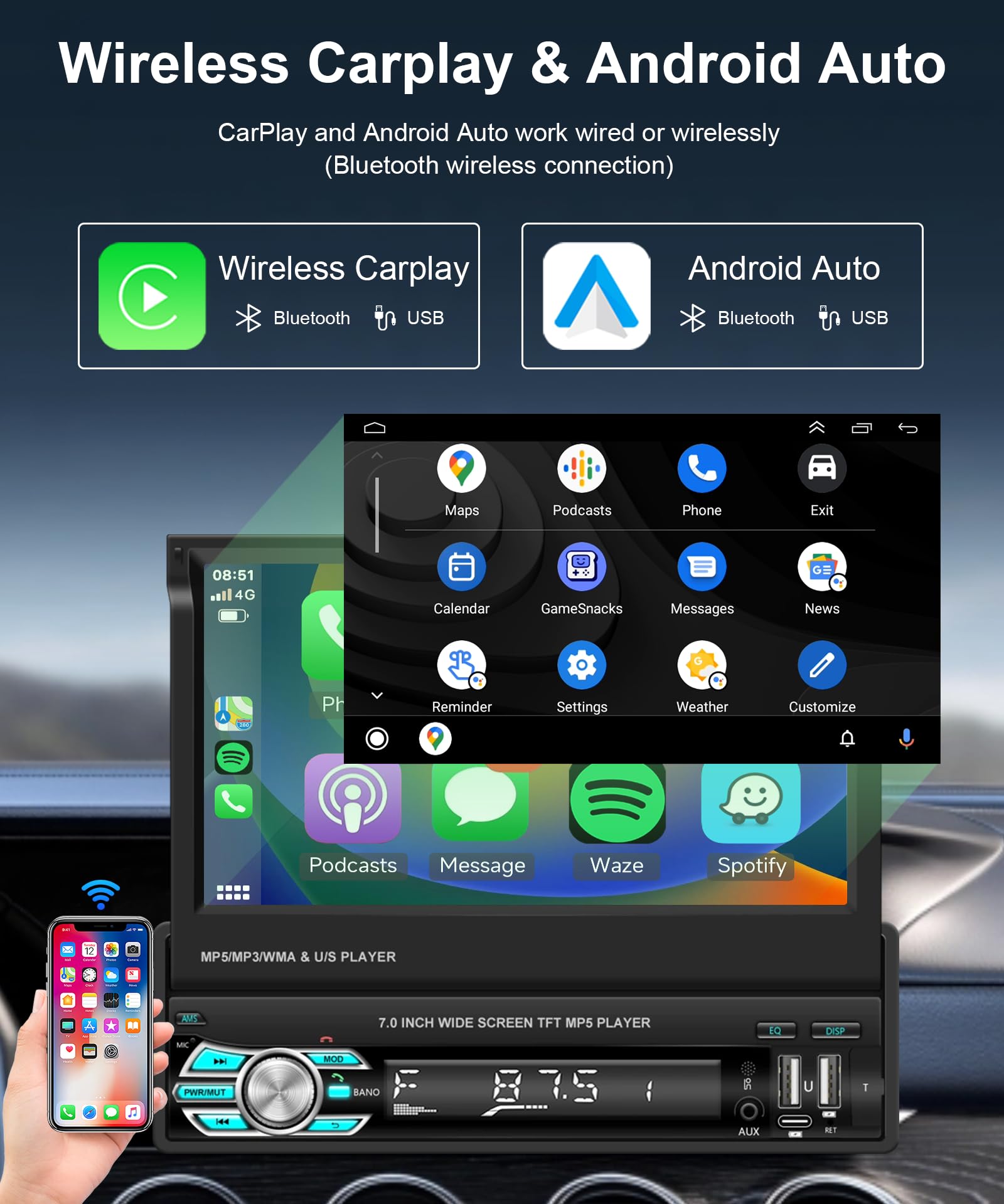 Podofo Wireless Carplay Single Din Car Stereo 7 Inch Hd Flip Out Touchscreen Car Radio With Wireless Car Play Android Auto, Bluetooth, Type C/Usb/Tf/Aux, Swc, Fm, Voice Control, Backup Camera