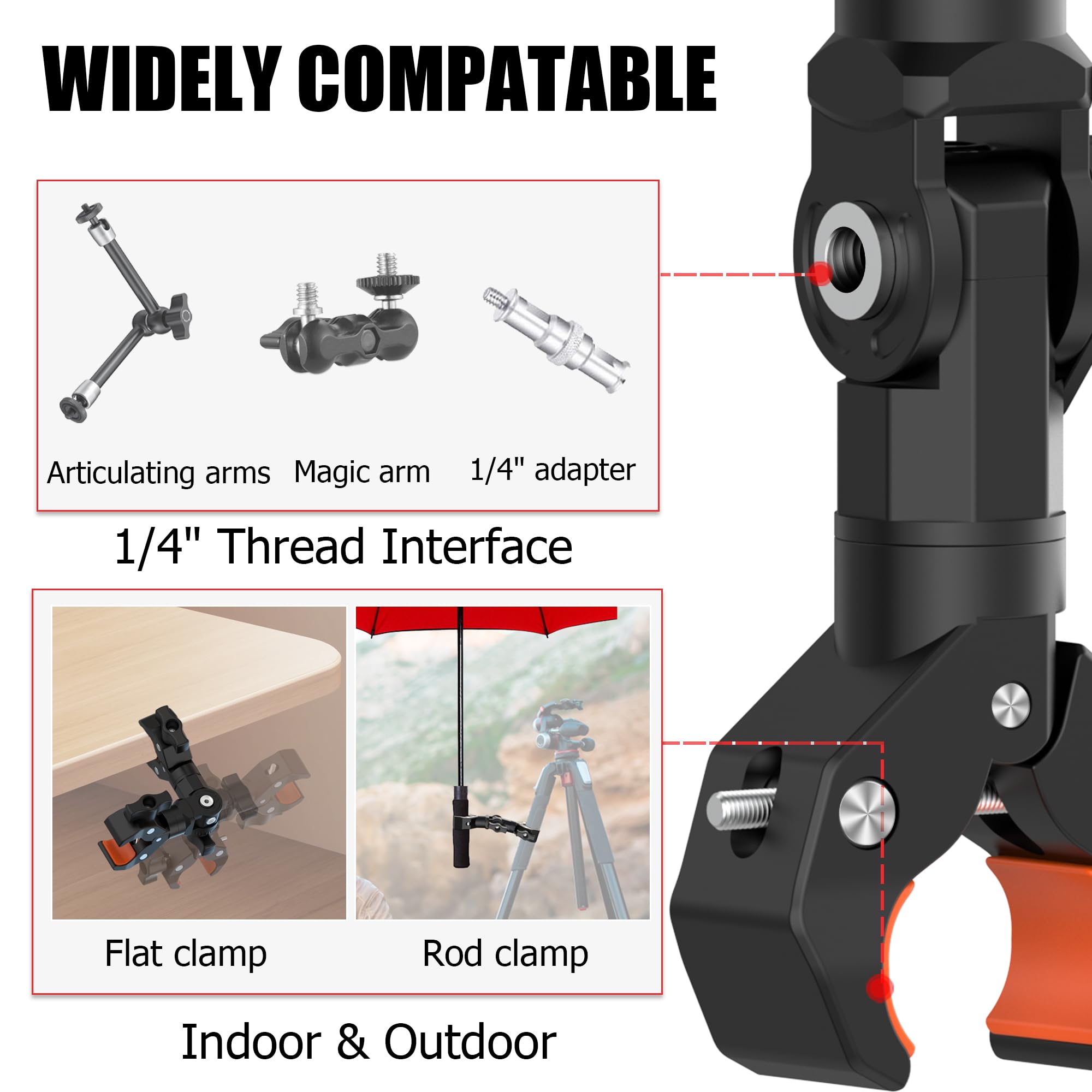 Double Clamp Mount Bracket Magic Arm With 1/4'' Screw Interface, Double Camera Clamp For Umbrella Clamp, Photo Studio Light Stan