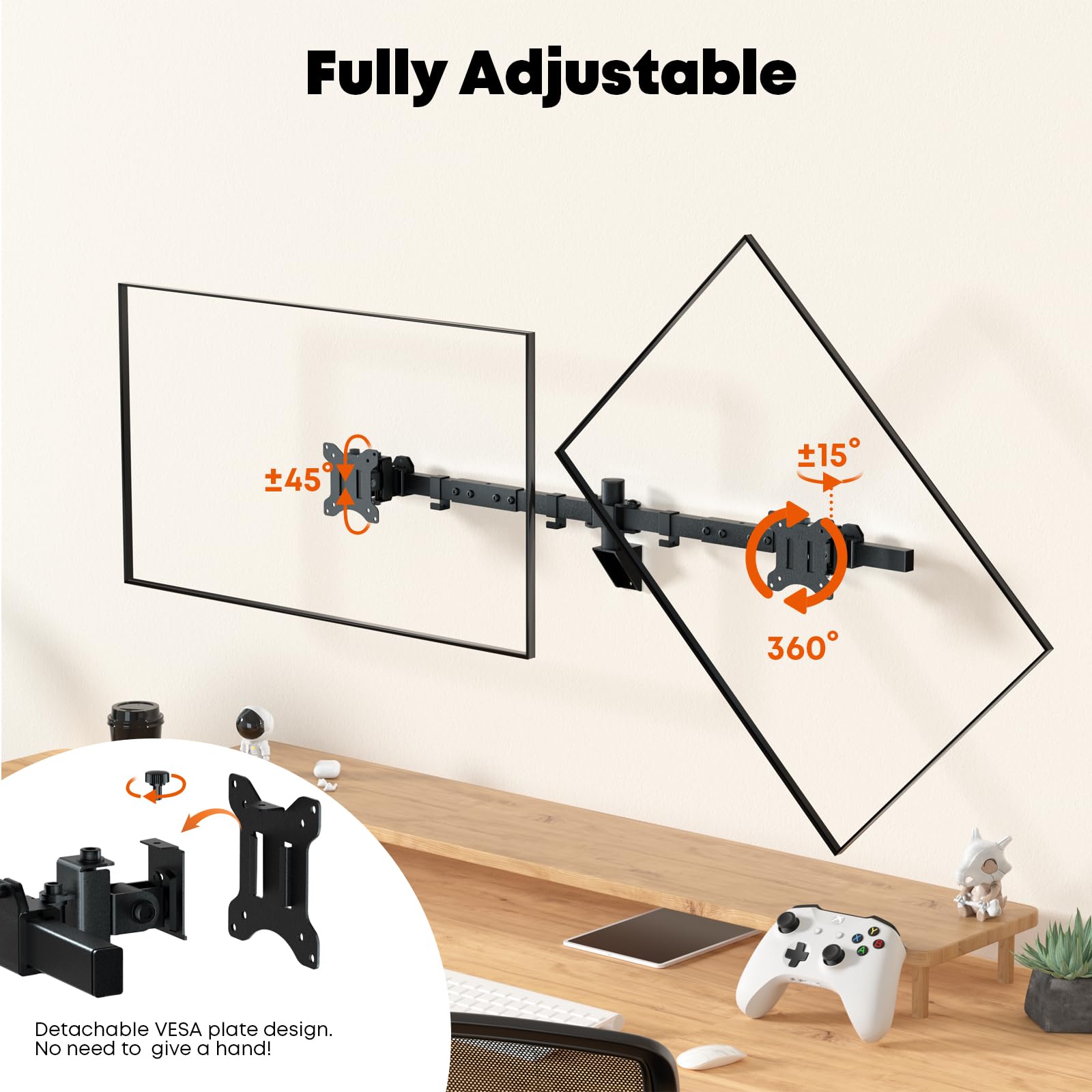 Dual Monitor Wall Mount For 24-38-Inch - Ultrawide Dual Wall Mount Monitor Arm, Flush Wall Setup, Max Load 22Lbs Per Monitor, Ve