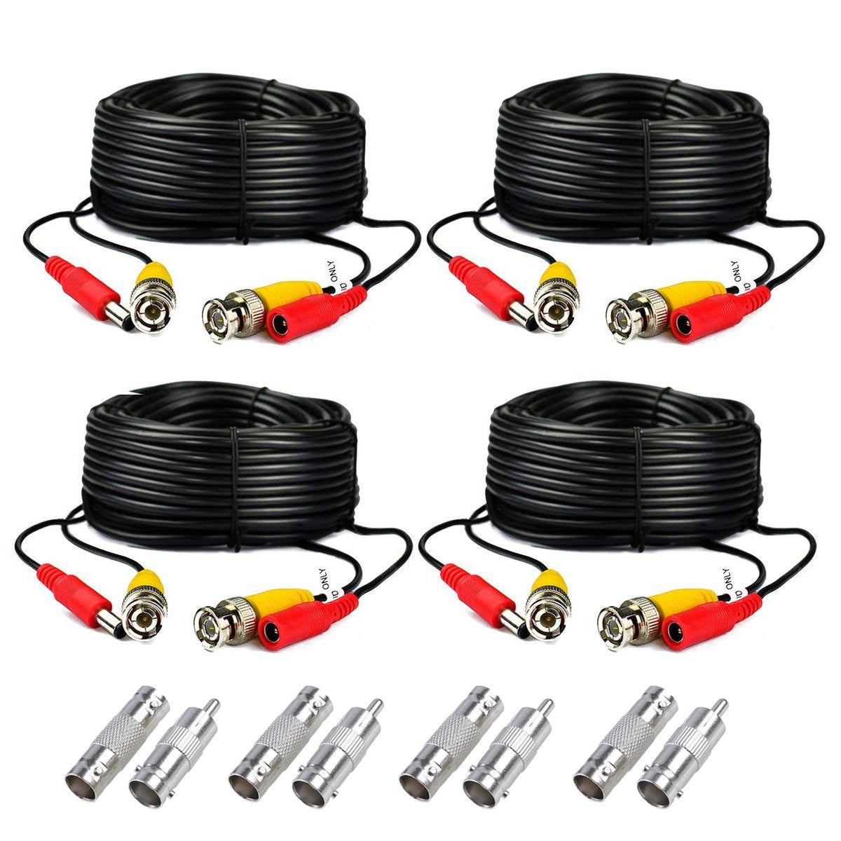 4Pack 125ft Black PreMade AllinOne BNC Male to Male Video and Power Cable with RCA Connector for CCTV Camera DVR Security Sy