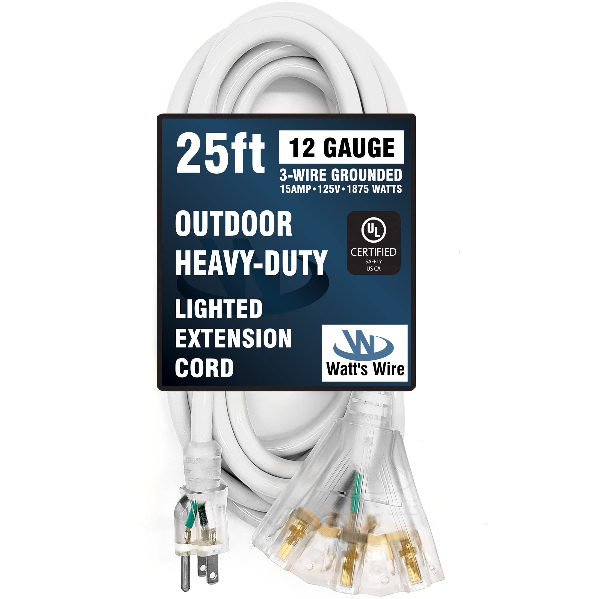 25 ft - 12 Gauge Heavy Duty Extension Cord - 3 Outlet Lighted SJTW - Indoor/Outdoor Extension_Cord by Watts Wire - 25 12-Gauge
