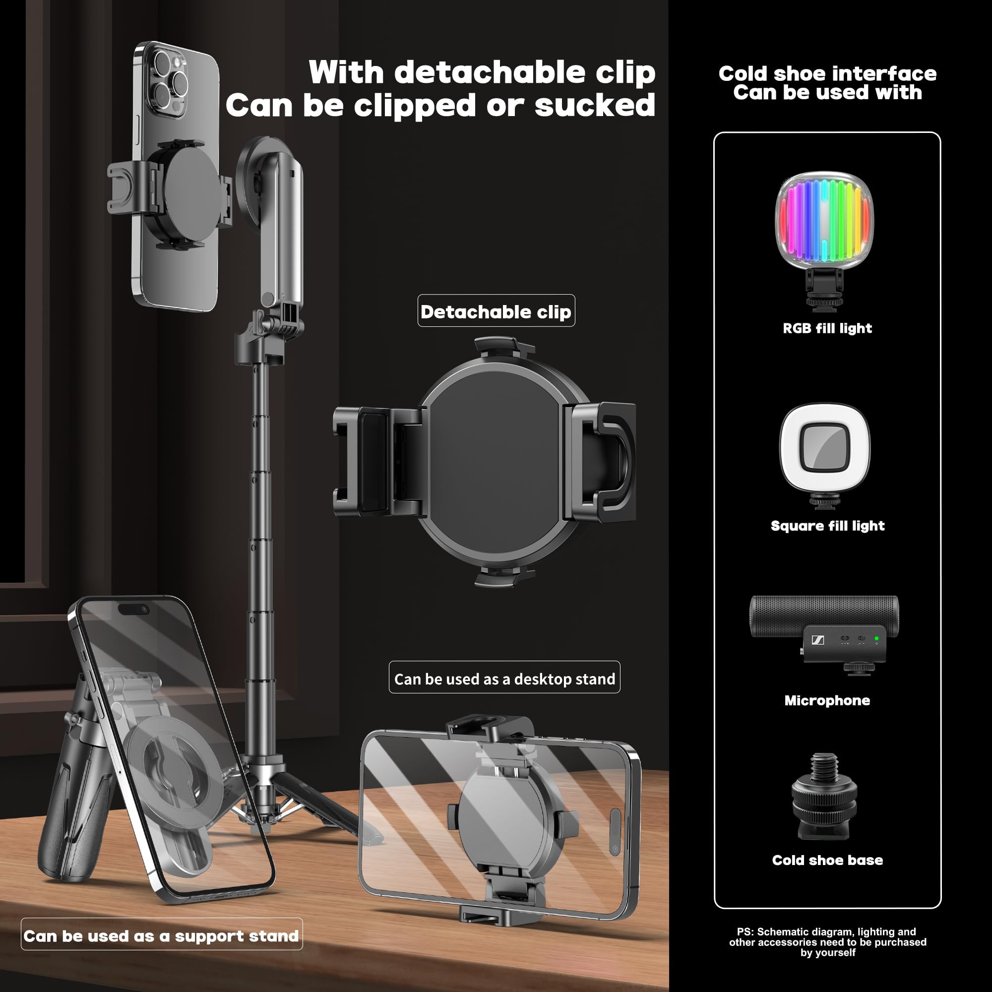 Magnetic Tripod For Phone With Remote Control, Extendable Selfie Stick Handle Grip Pocket Size, 4-In-1 Mini Phone Grip, 10M Wire