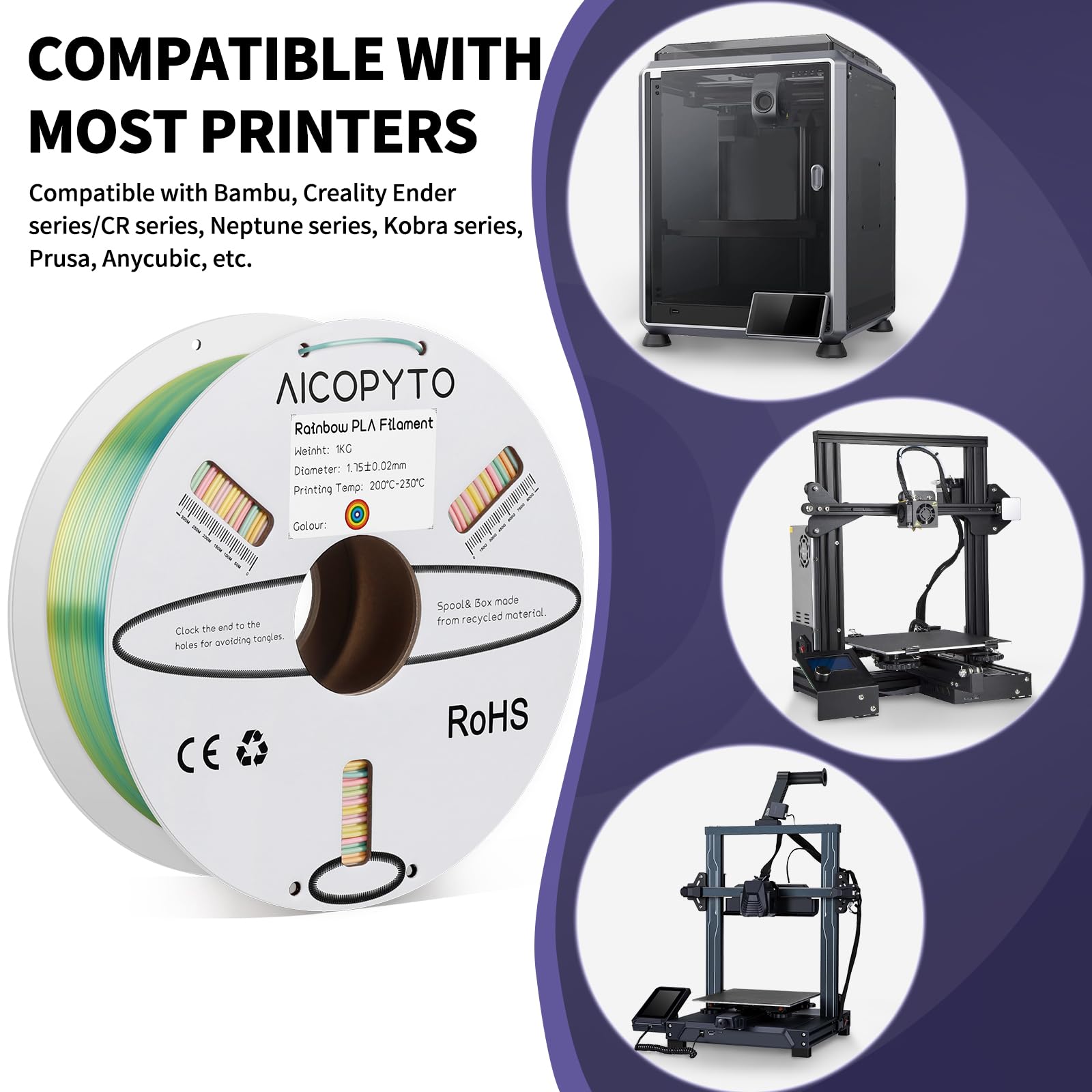 Aicopyto 3D Printer Rainbow Silk Pla Filament 1.75Mm, Multicolor Filament Silk Pla 1Kg Spool (2.2Lbs) Dimensional Accuracy Proba