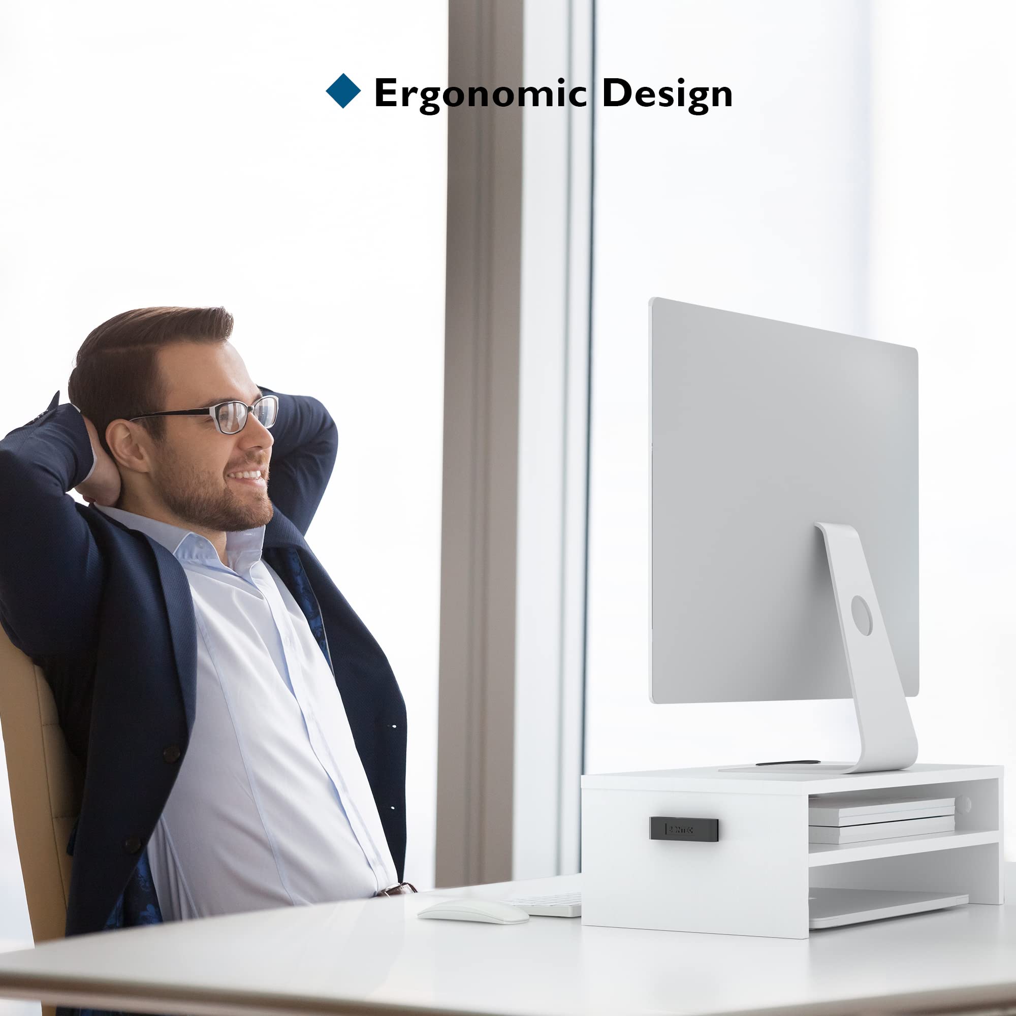 Bontec Monitor Stand Riser White, 2 Tiers Wood Monitor Riser Stand With Storage Organizer, Desktop Ergonomic Monitor Stand Riser