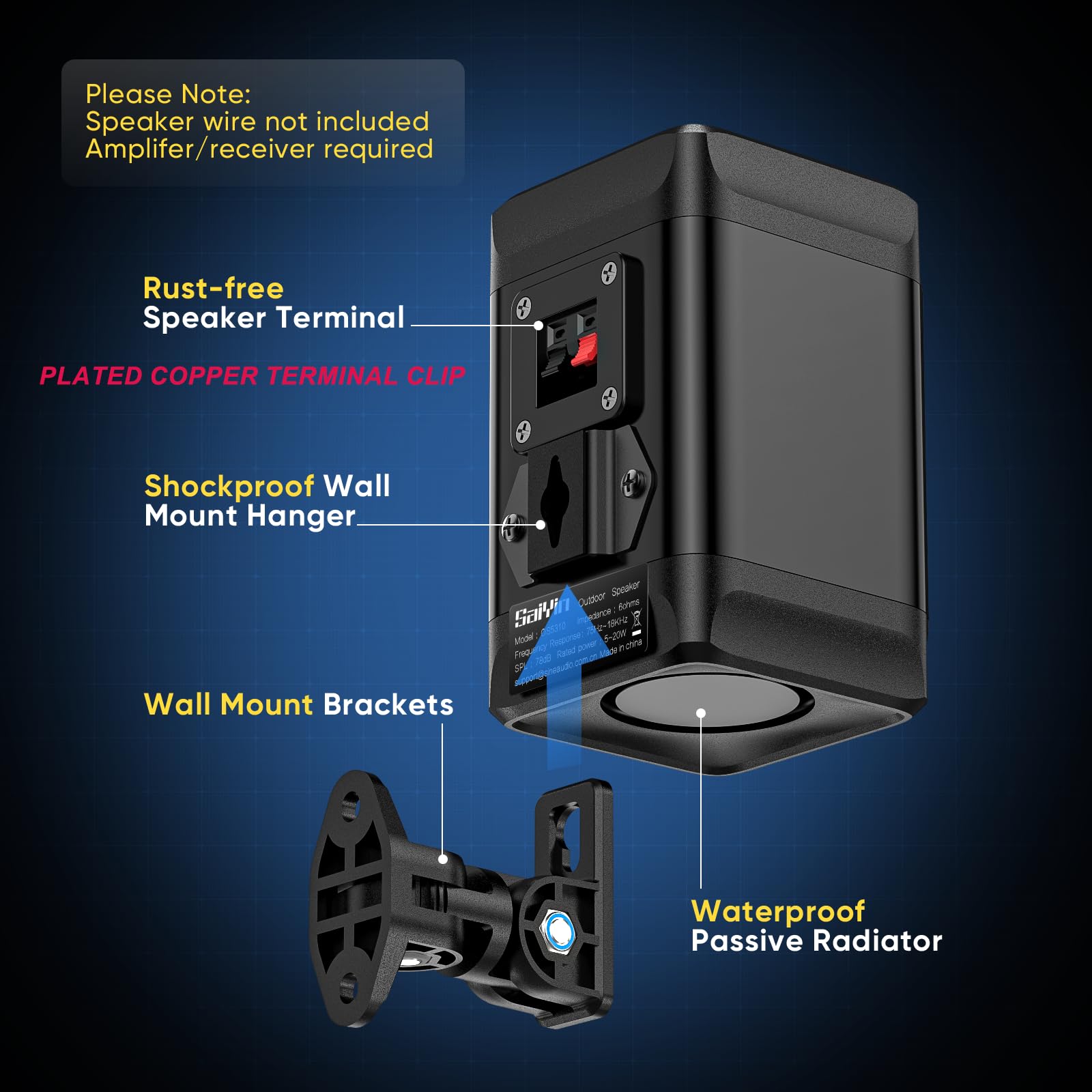 Saiyin Outdoor Indoor Speakers, Marine Grade Mount Speakers, Surround Sound Stereo Speakers With Wall Mount Brackets For Boat, P