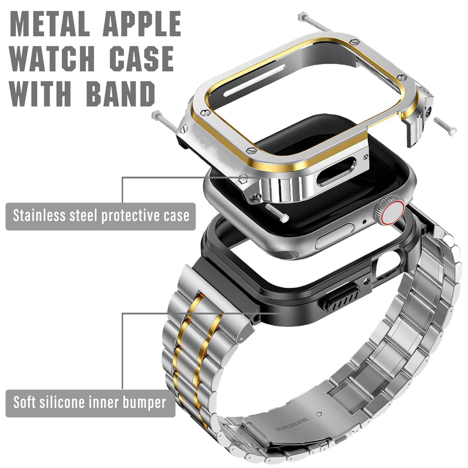 Miohhr Stainless Steel Watch Band With Case Compatible With Apple Watch Series 9/8/7(45Mm),Rugged Strap With Metal Protective Bu