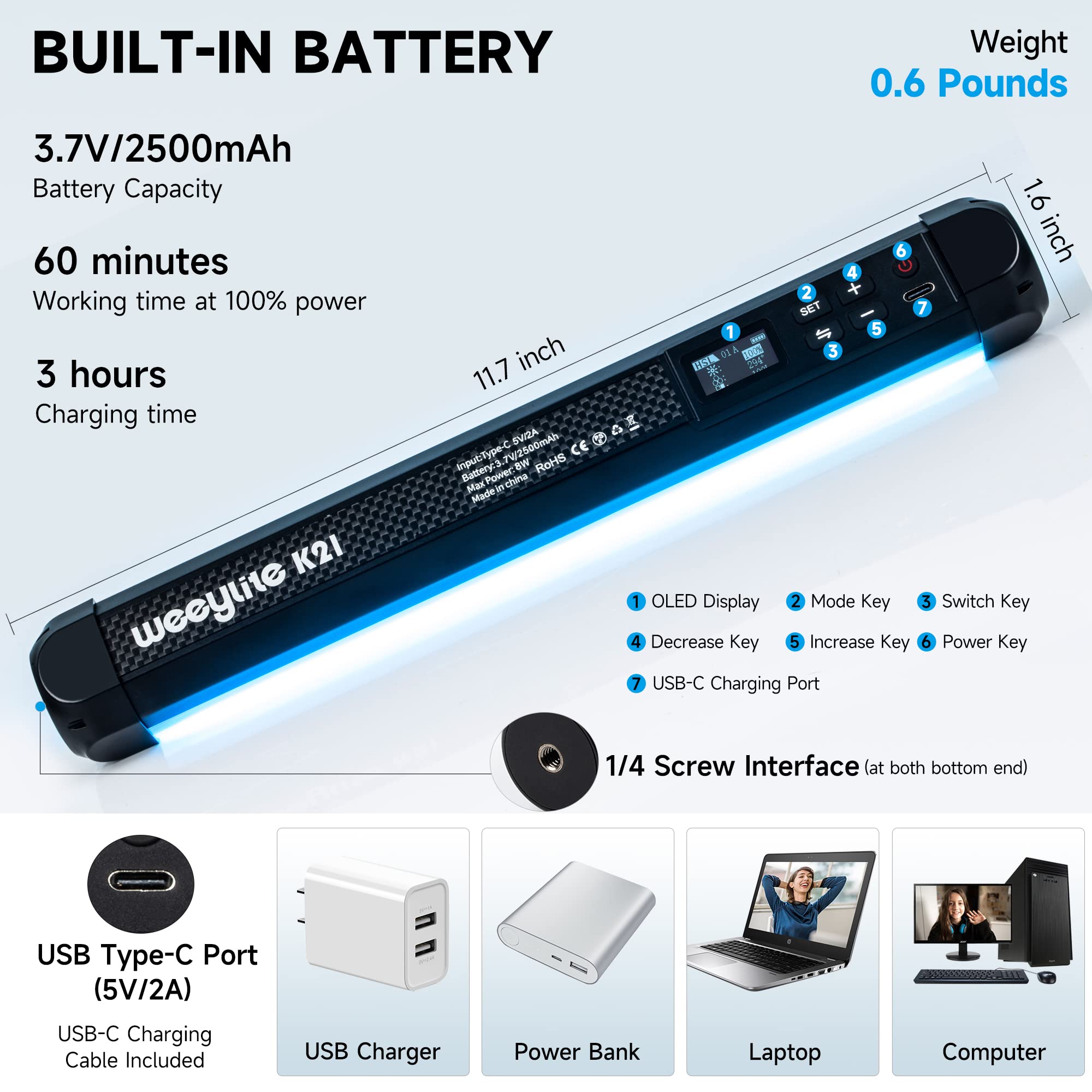 Weeylite K21 Rgb Led Stick Light, Magnetic App Control Led Video Light Wand W Cri 95+ 2500Mah Rechargeable 2500 8500K Full Color