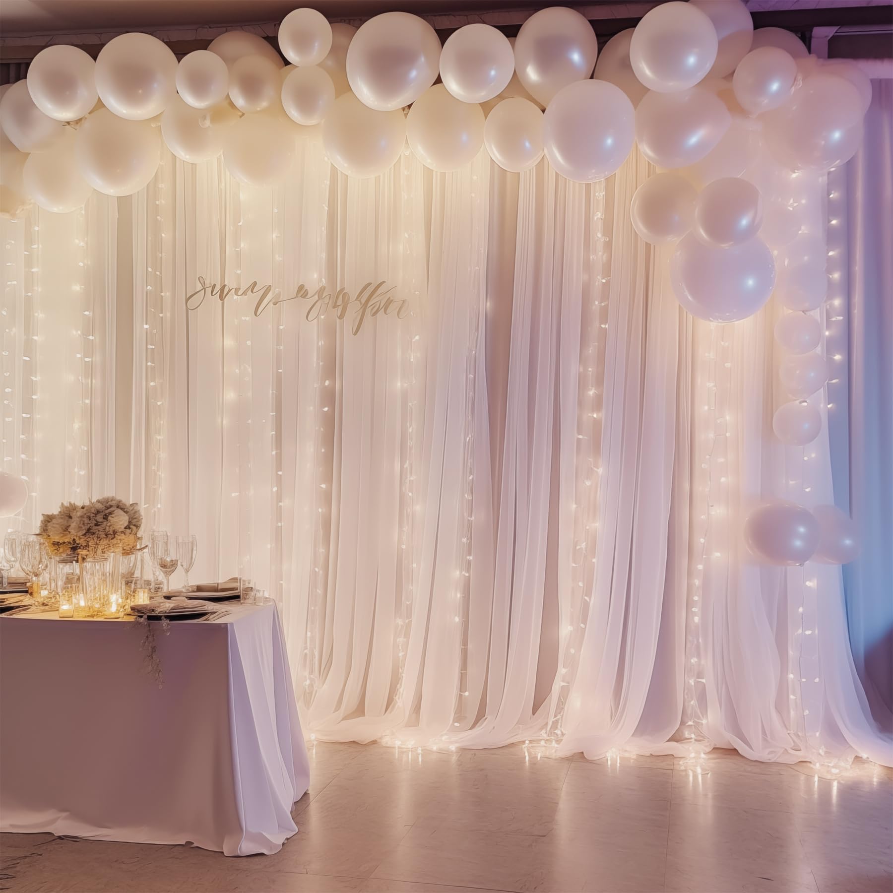 Wish Care 10Ft X 10Ft White Chiffon Backdrop Curtain With Lights String For Parites Wedding Wrinkle Free Curtain Photo Backdrops